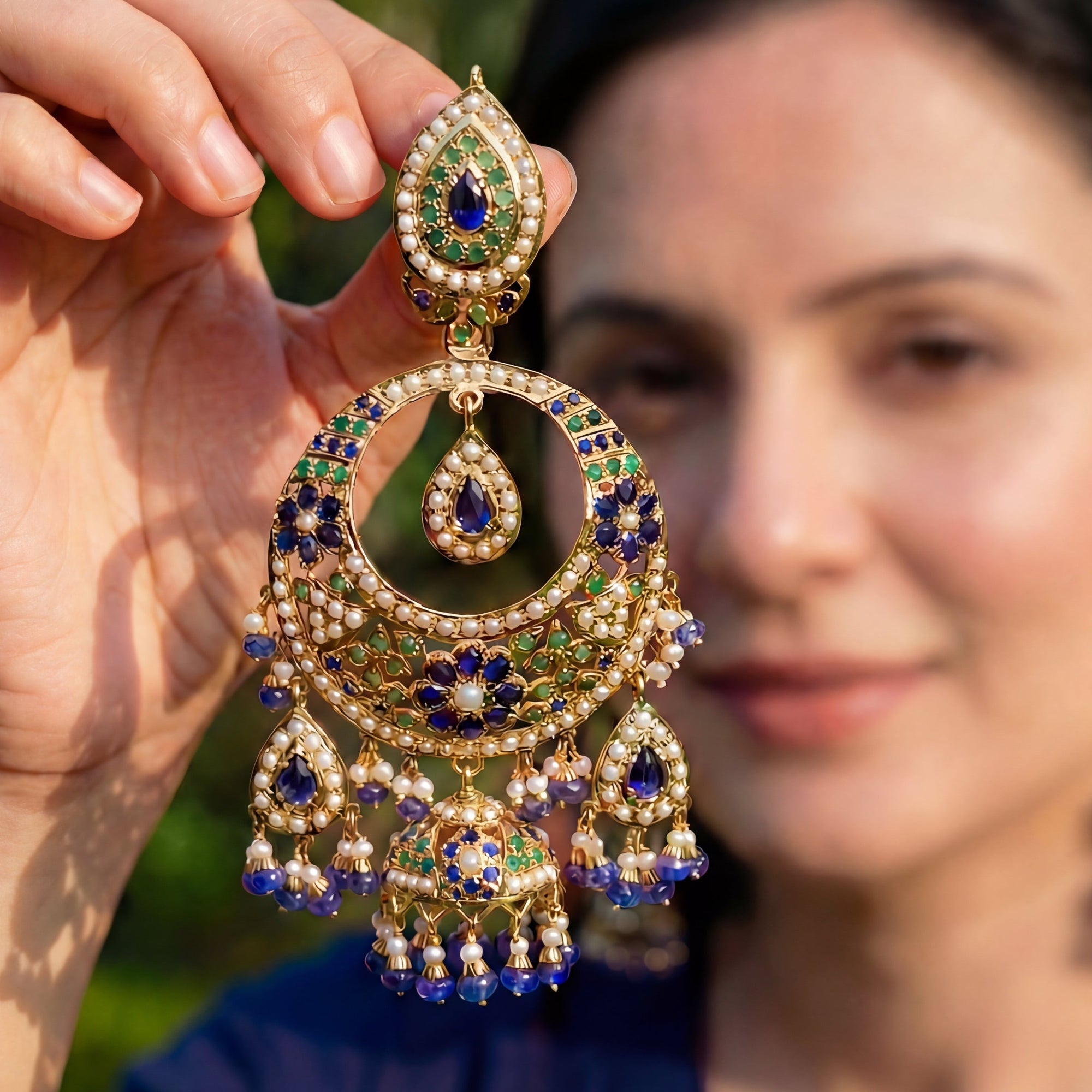 Statement Silver Chandbali Earrings | Blue-Green Stones | Ethnic Indian Earrings ER 128