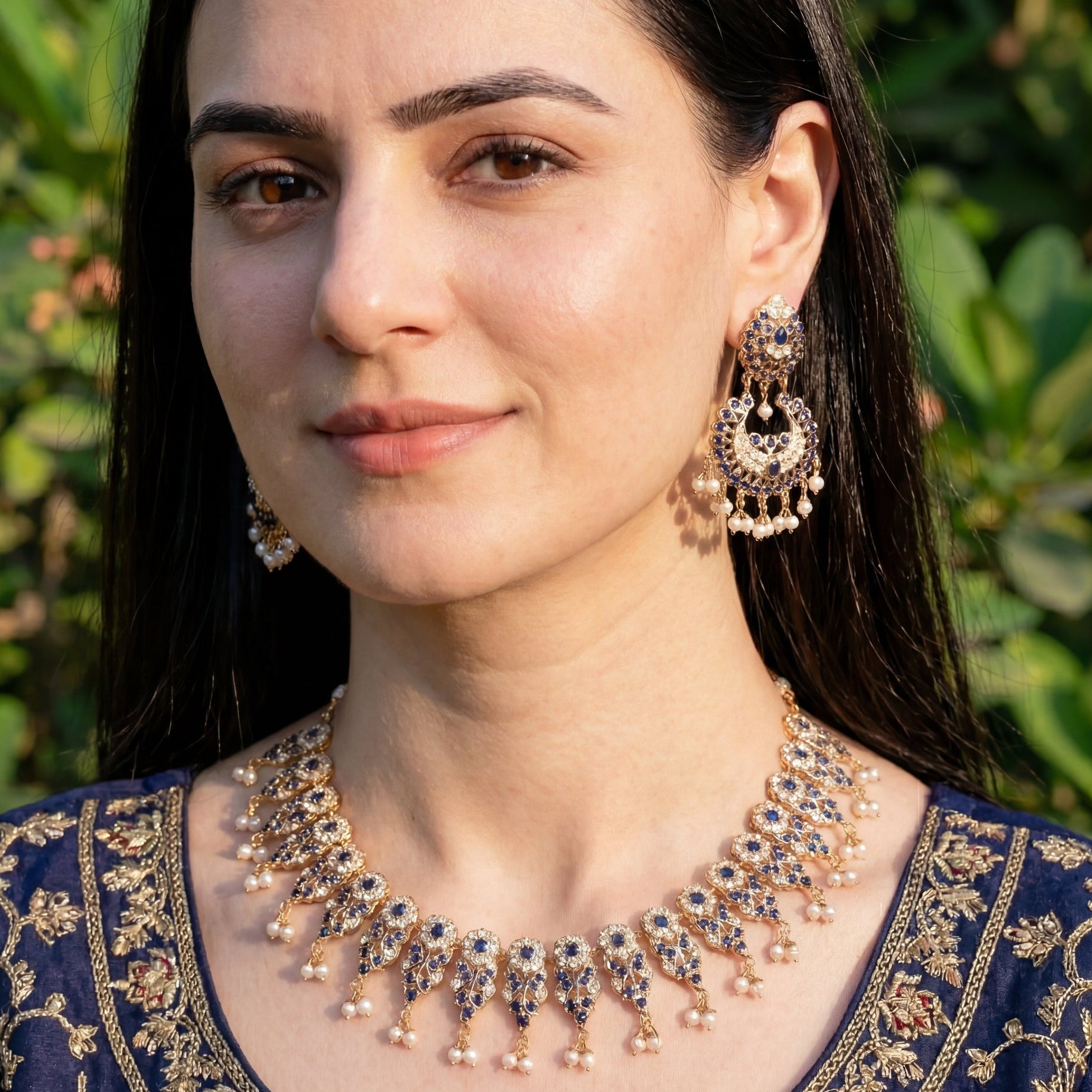 Elegant Sapphire Pearl Necklace with Chandbali Earrings | Sterling Silver Base NS 359