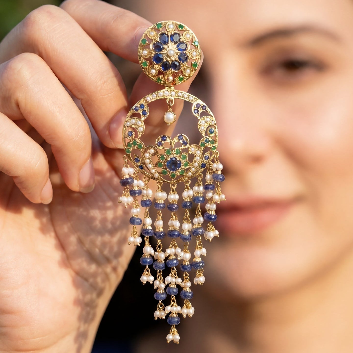 Chandbali Earrings with Long Hanging Beads | Gold Plated Silver Jewelry ER 165
