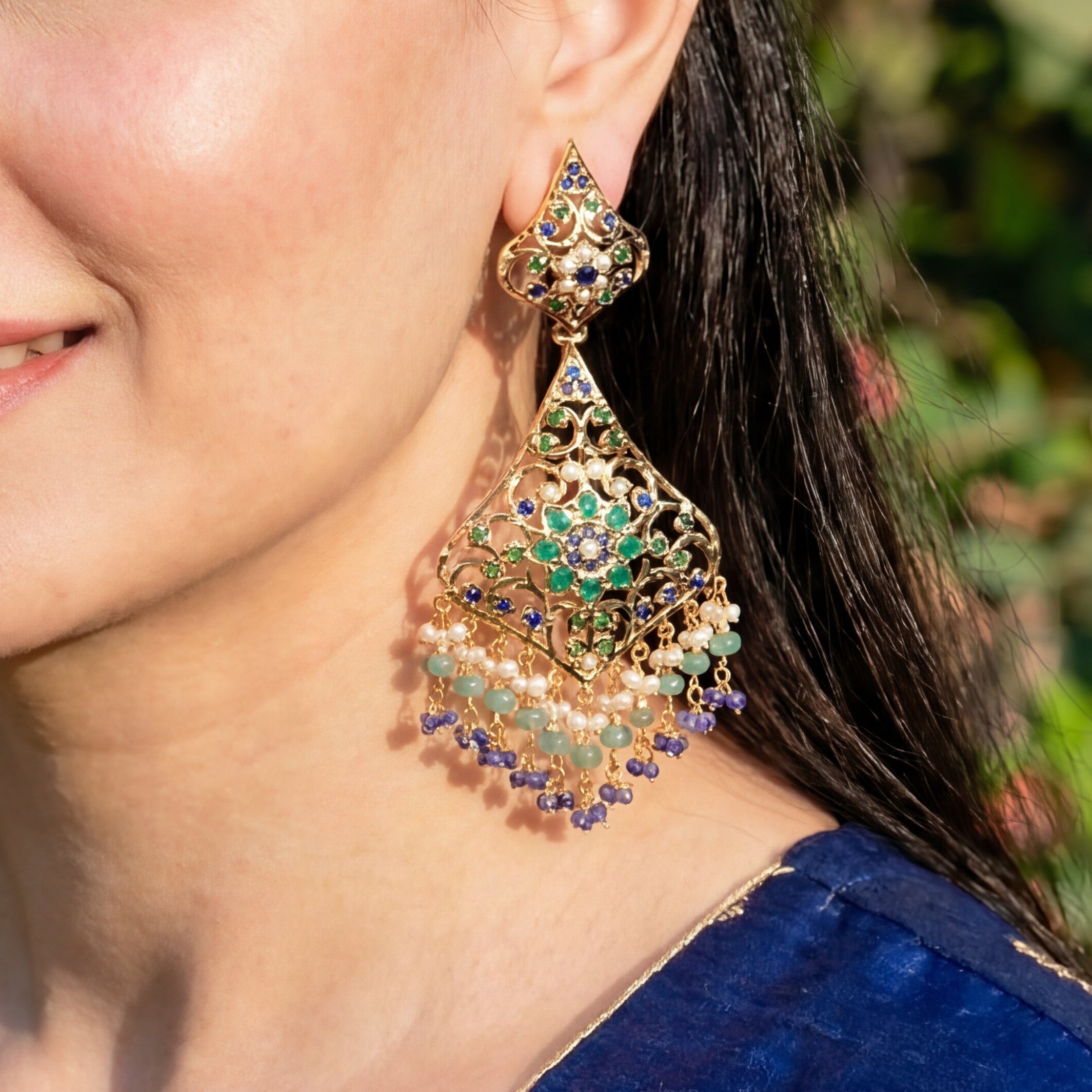 Multicolored Jadau Danglers in Gold Plated Silver ER 274