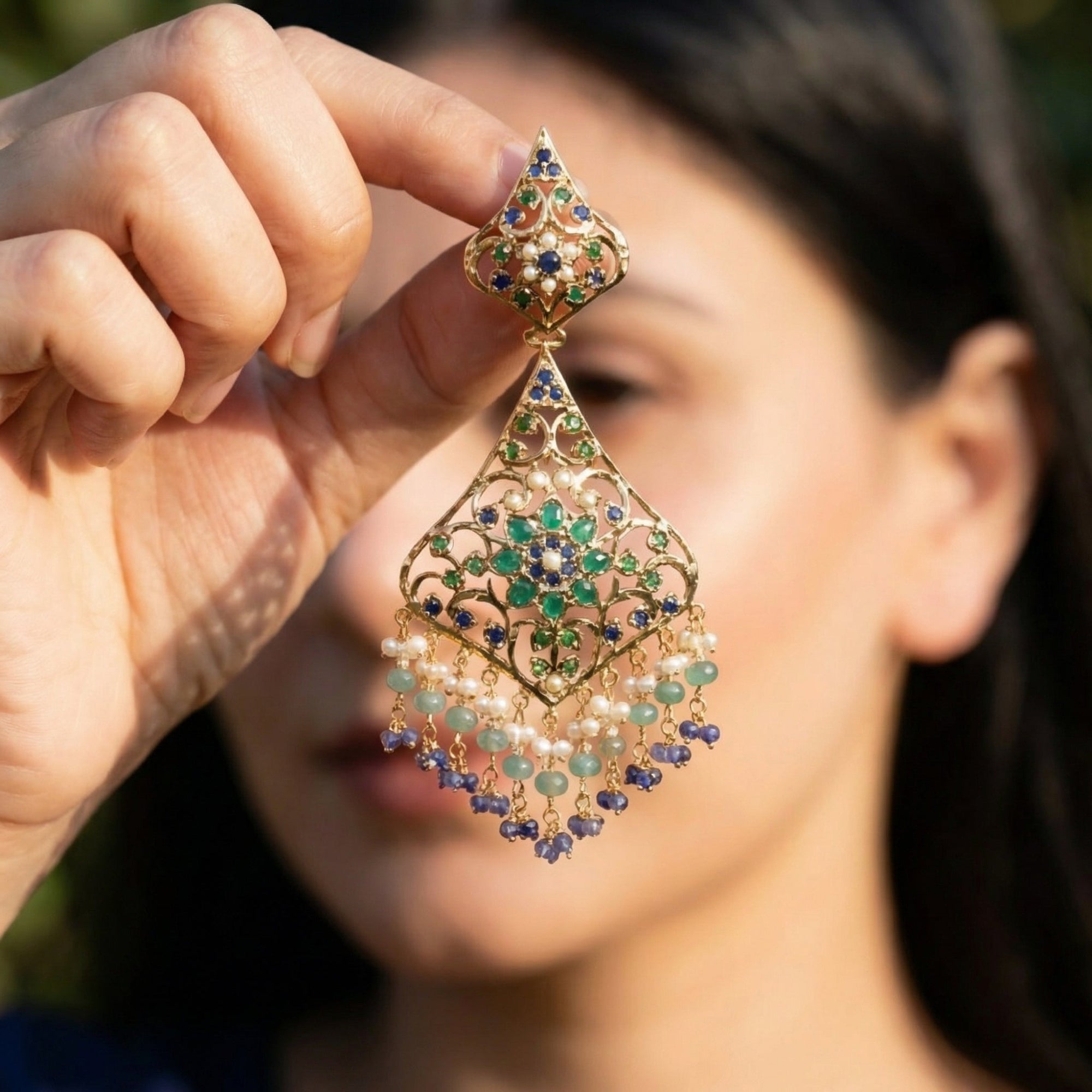 Multicolored Jadau Danglers in Gold Plated Silver ER 274