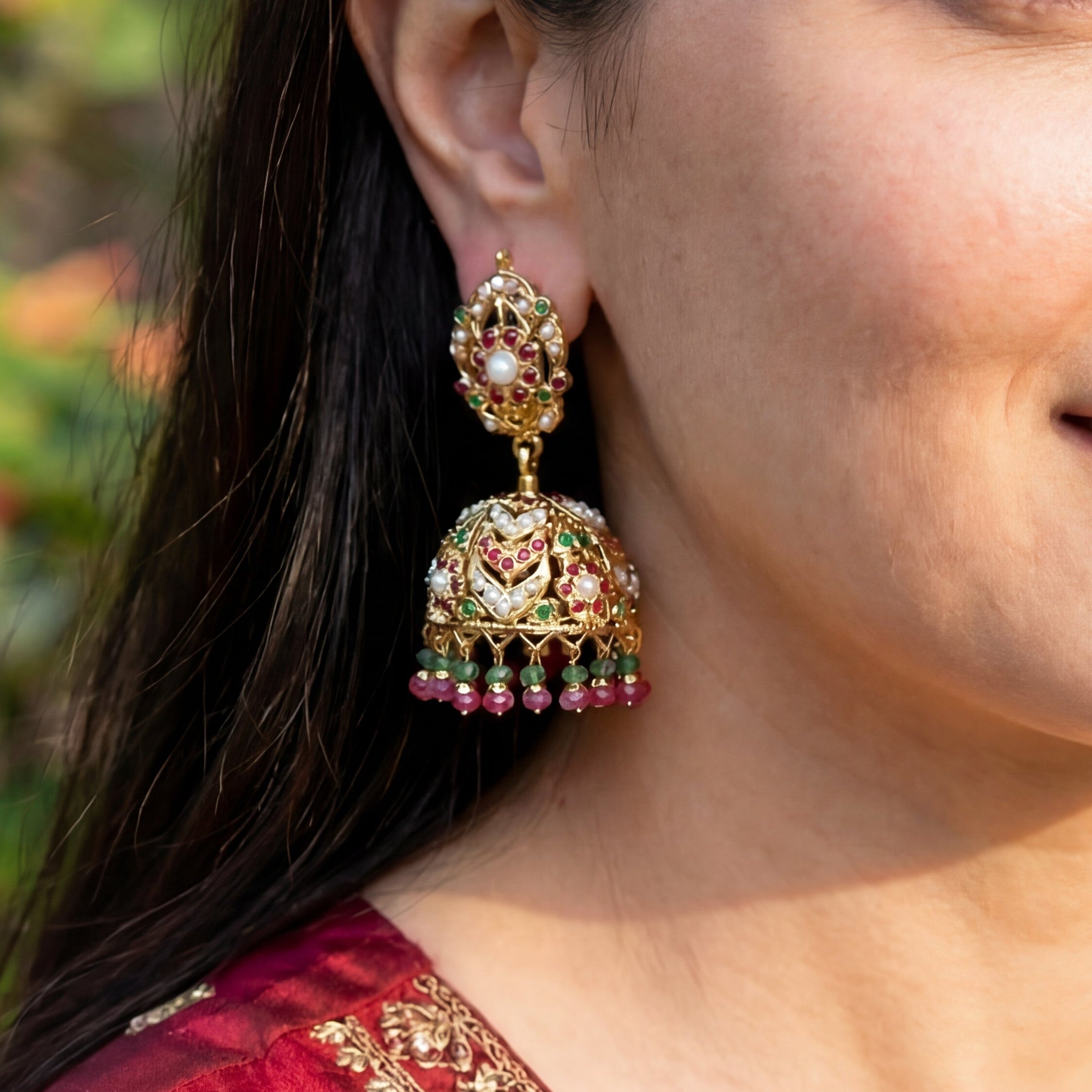 Punjabi Jadau Jhumka Earrings | Gold Plated on Silver | Hyderabadi Style Ruby Emerald Jhumki ER 168