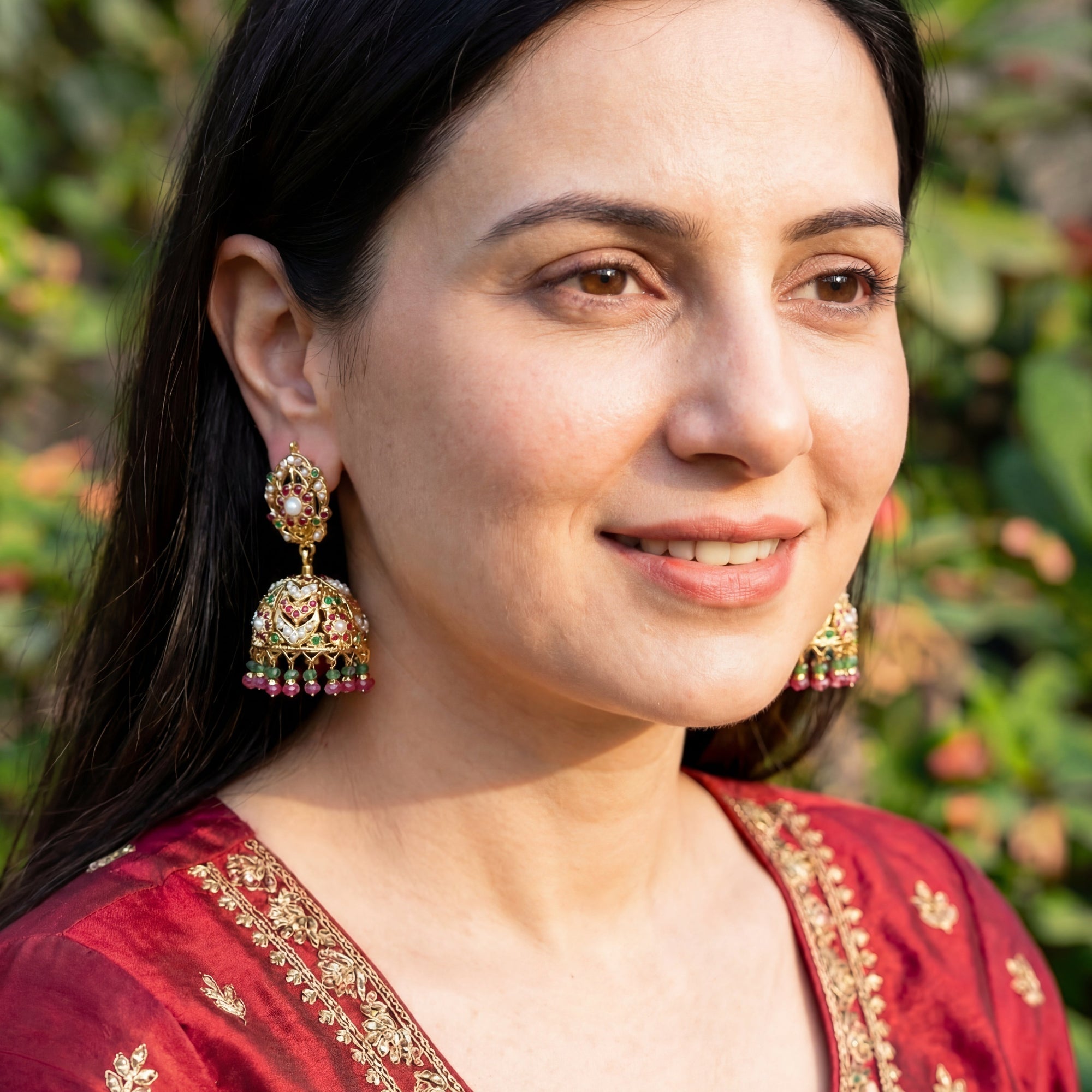 Punjabi Jadau Jhumka Earrings | Gold Plated on Silver | Hyderabadi Style Ruby Emerald Jhumki ER 168