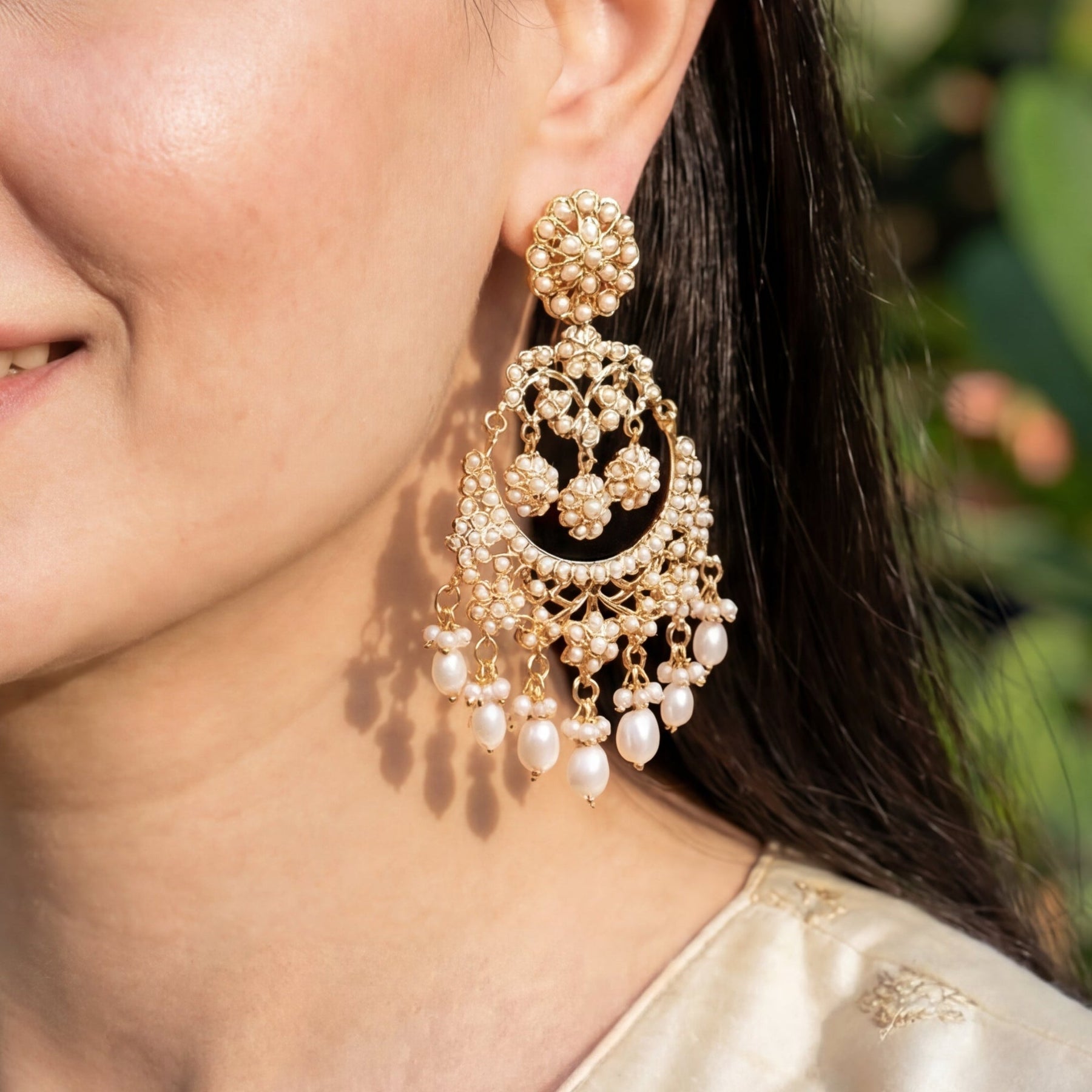 Exquisite Pearl Earrings | Unique Gold Plated Jadau Chandbalis ER 567