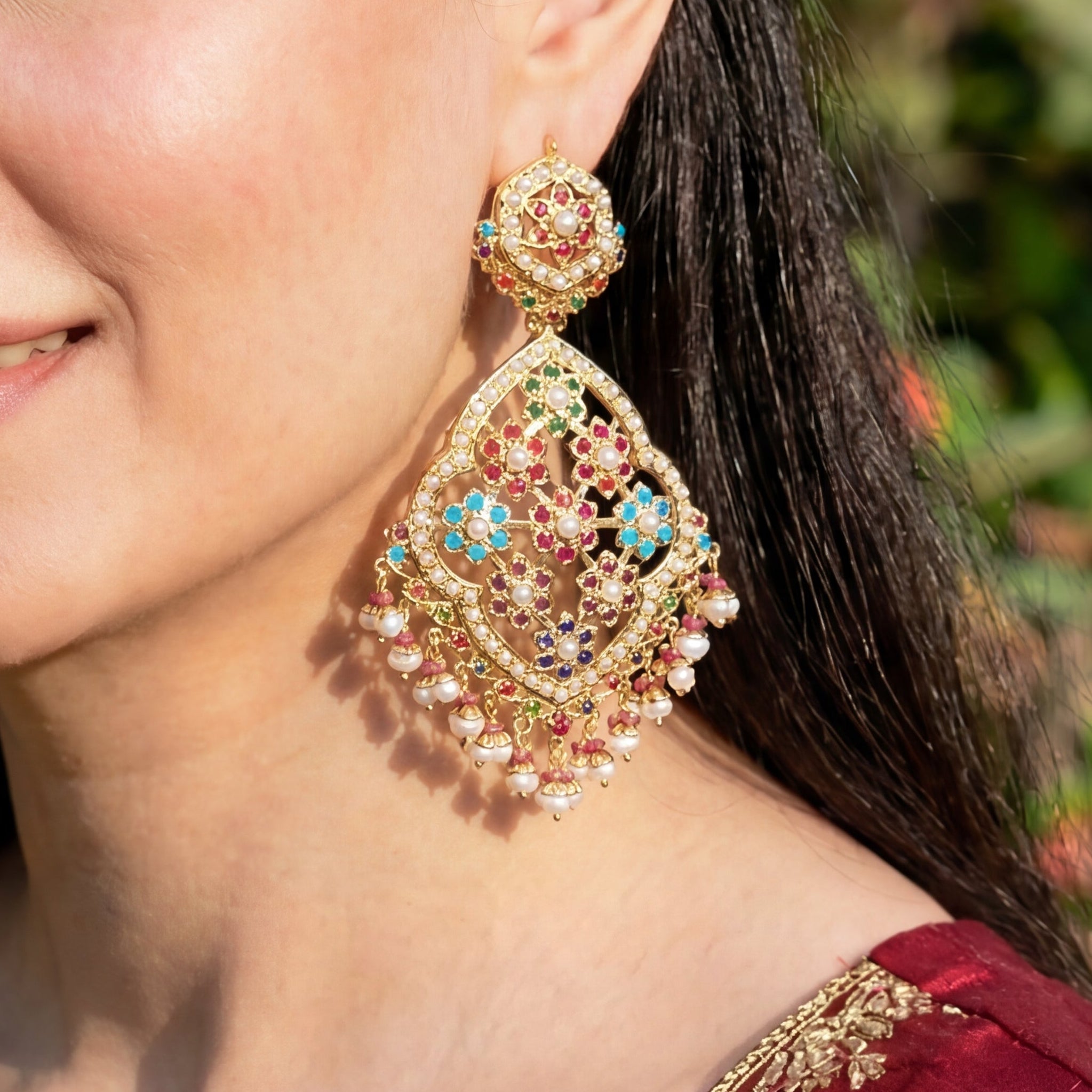 Long Navaratan Jadau Earrings on Silver | Statement Indian Danglers ER 127