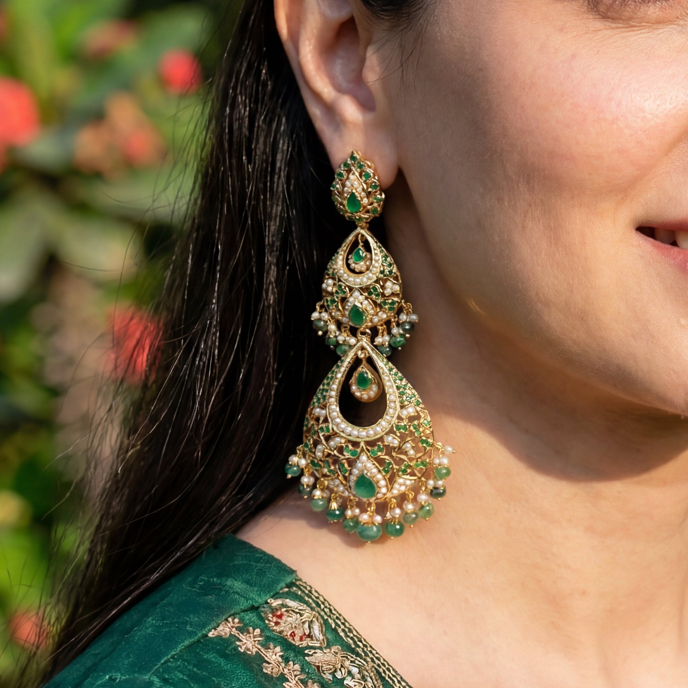 Statement Indian Earrings with Emeralds | Long Gold Plated Danglers ER 307