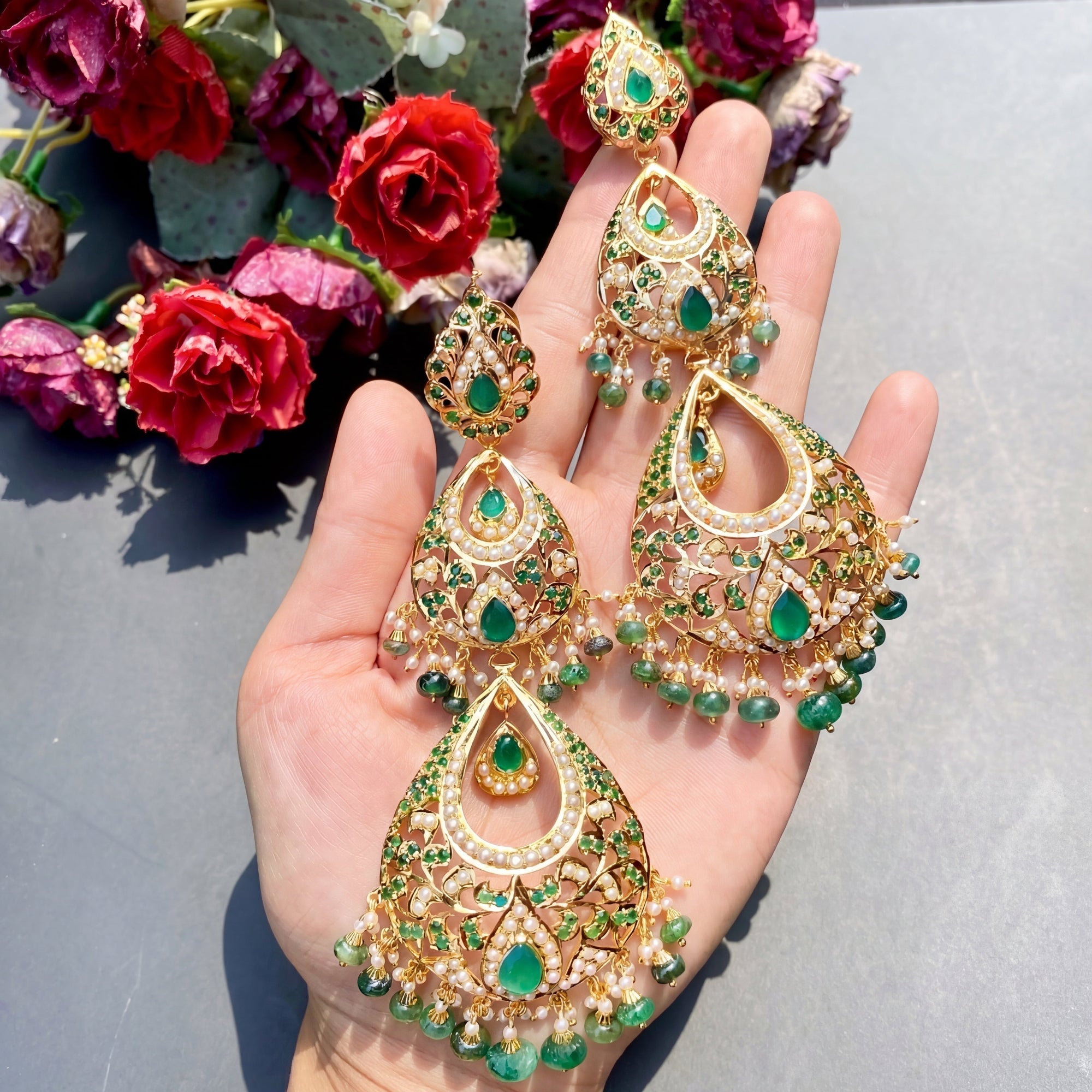 Statement Indian Earrings with Emeralds | Long Gold Plated Danglers ER 307