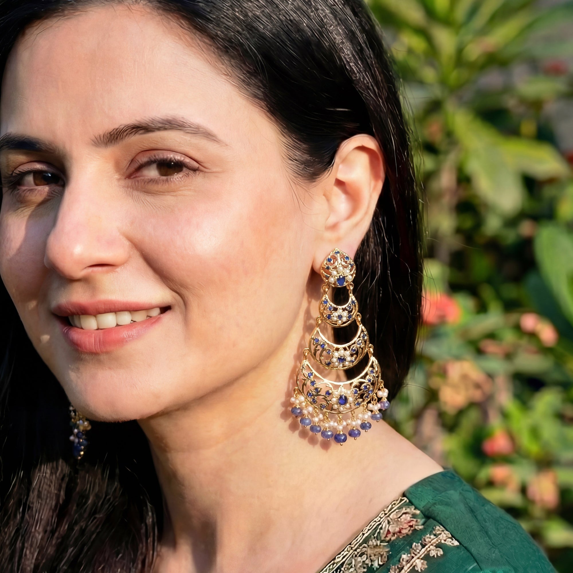 Exquisite Silver Dangler Earrings | Pearl and Sapphire Combination ER 442