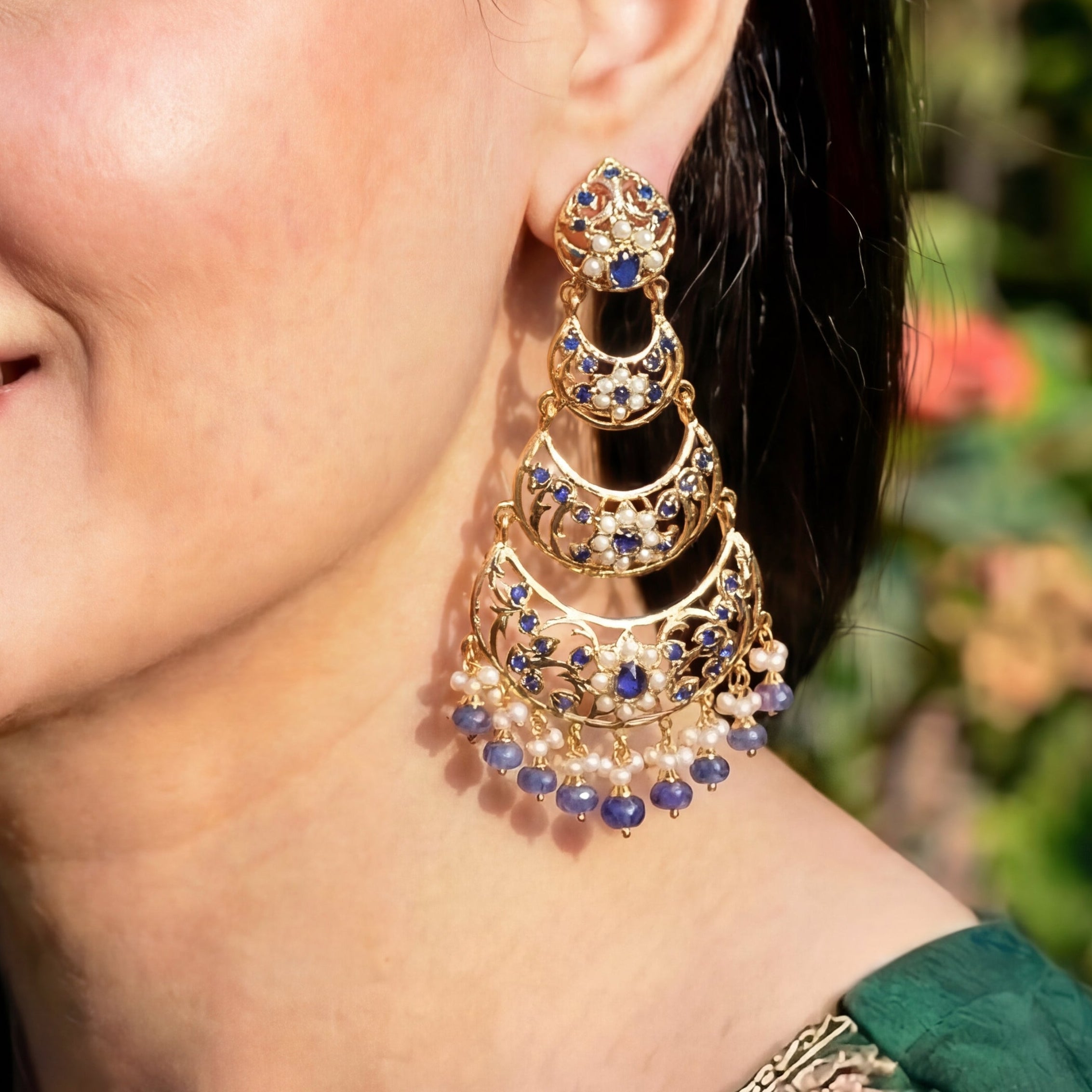 Exquisite Silver Dangler Earrings | Pearl and Sapphire Combination ER 442