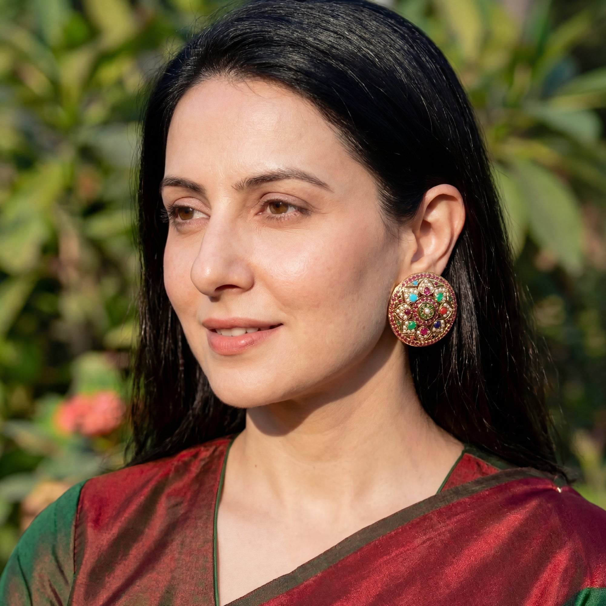 Oversized Round Stud Earrings | Navaratna Colors | Gold Plated Indian Jewelry ER 064