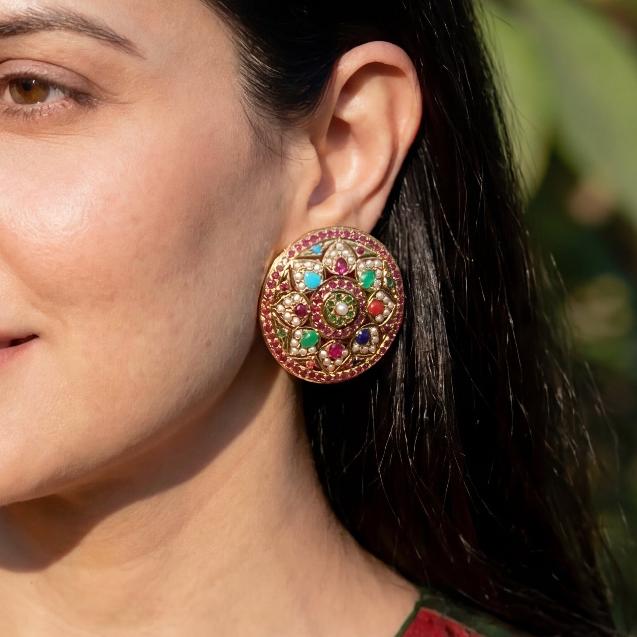 Oversized Round Stud Earrings | Navaratna Colors | Gold Plated Indian Jewelry ER 064