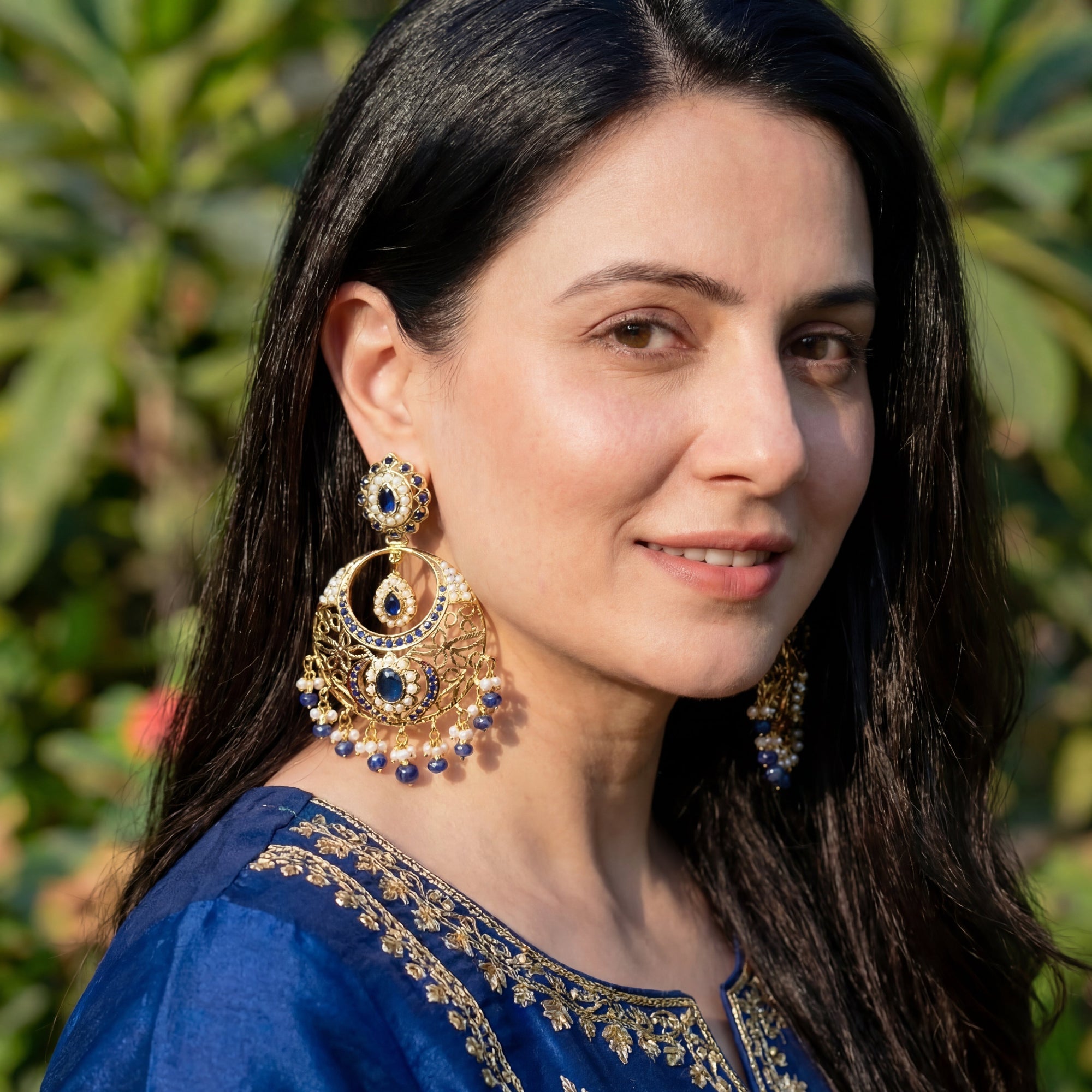 Pearl Sapphire Color Stones | Jadau Chandbali Earrings | Gold Plated Silver ER 112