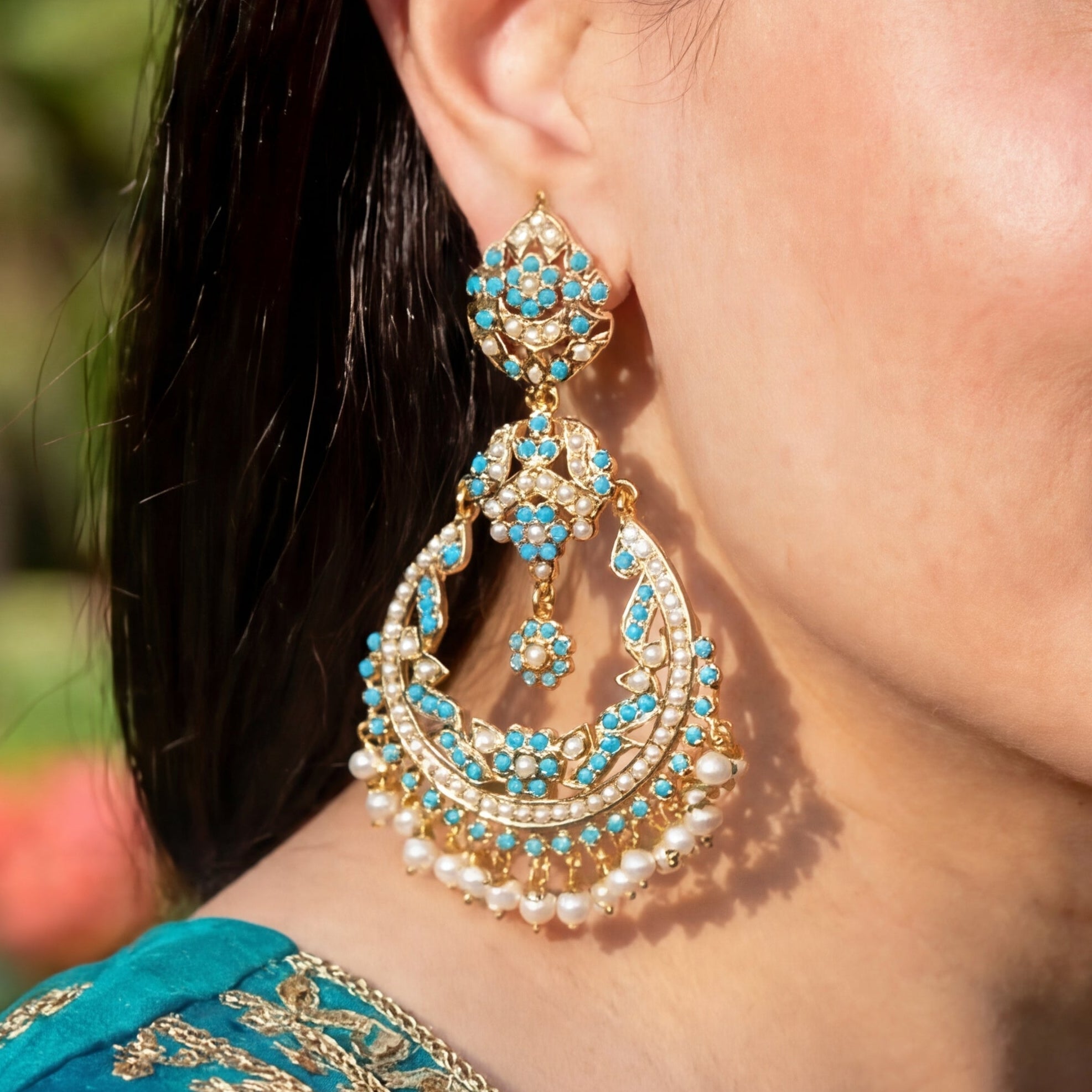 Long Feroza Chandbali Earrings | Antique Style Design | Gold Plated Jewelry For Women ER 053