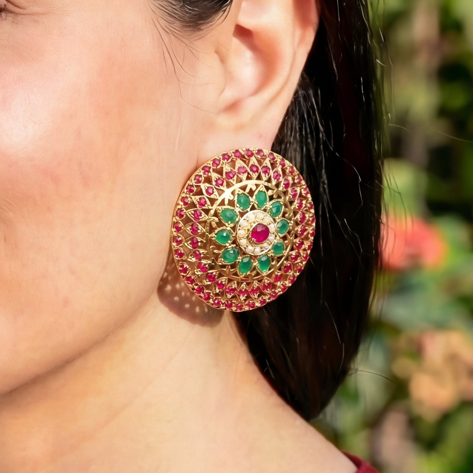 Large Gold Plated Jadau Studs | Statement Jadau Earrings | Exclusive Earrings Design ER 340