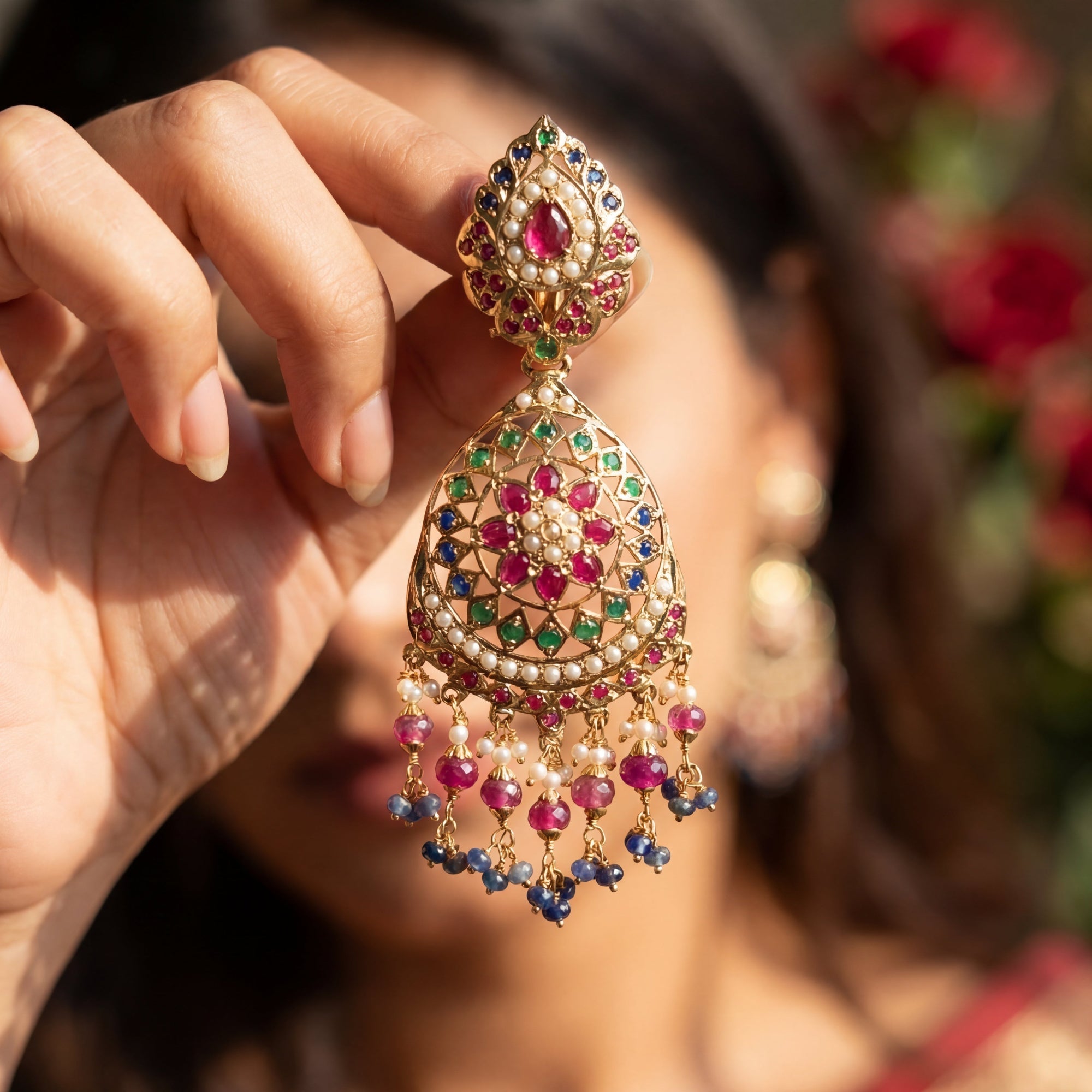 Multicoloured Jadau Danglers | Ruby & Sapphire Combination ER 163