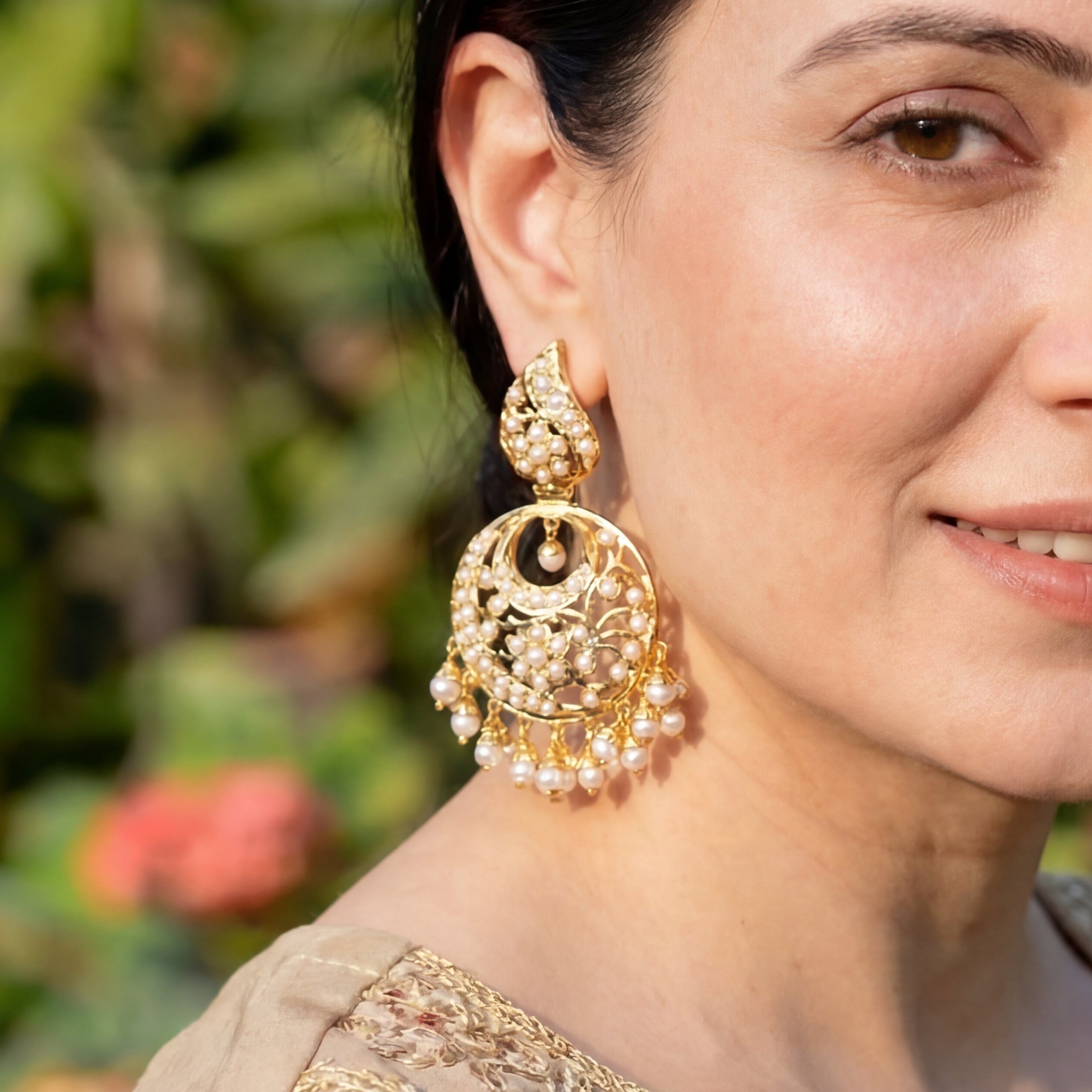Pearl Chandbali Earrings on Silver with Gold Plating ER 174