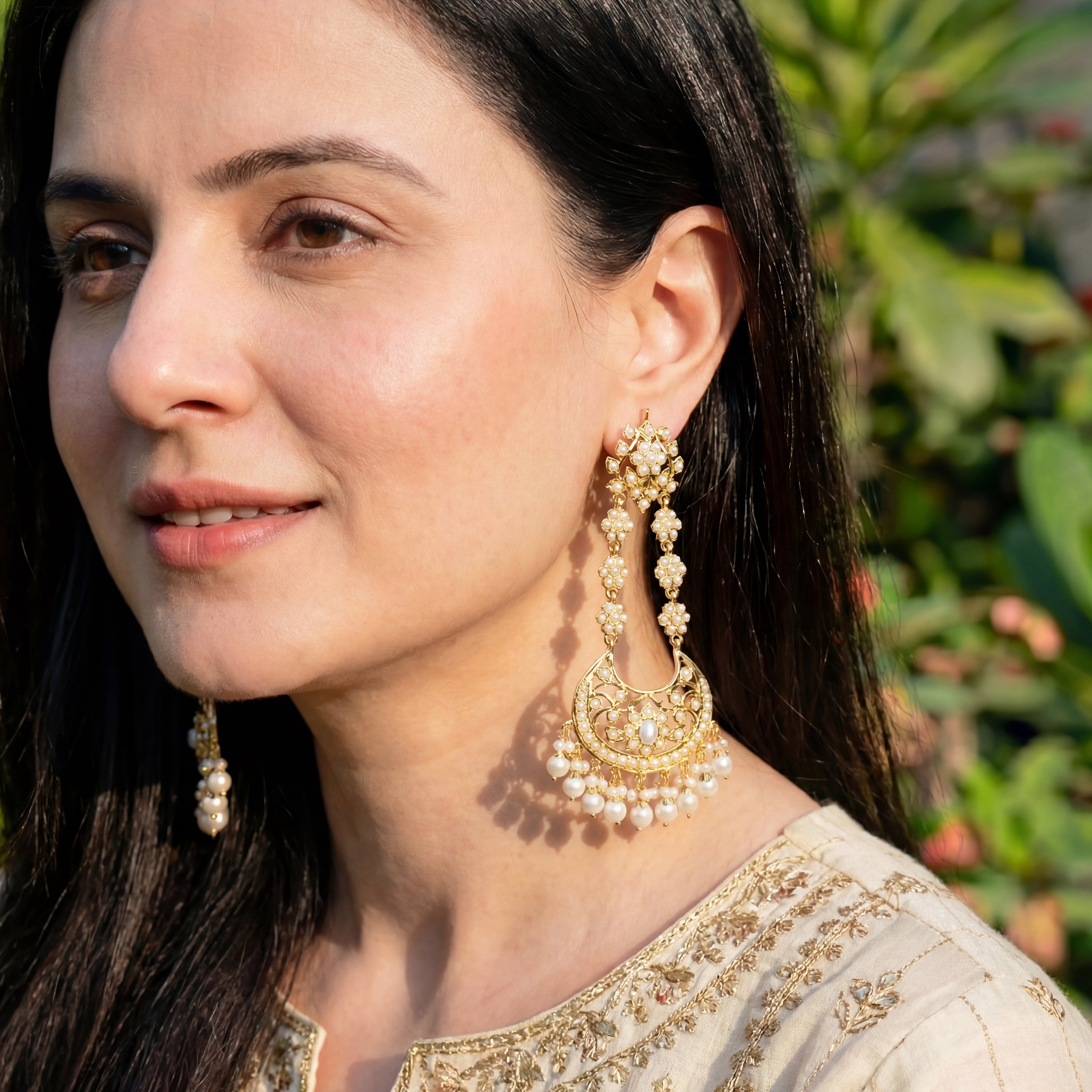 Long Indian Pearl Chandbalis | Freshwater Pearl Hyderabadi Earrings | Gold Plated Silver ER 111