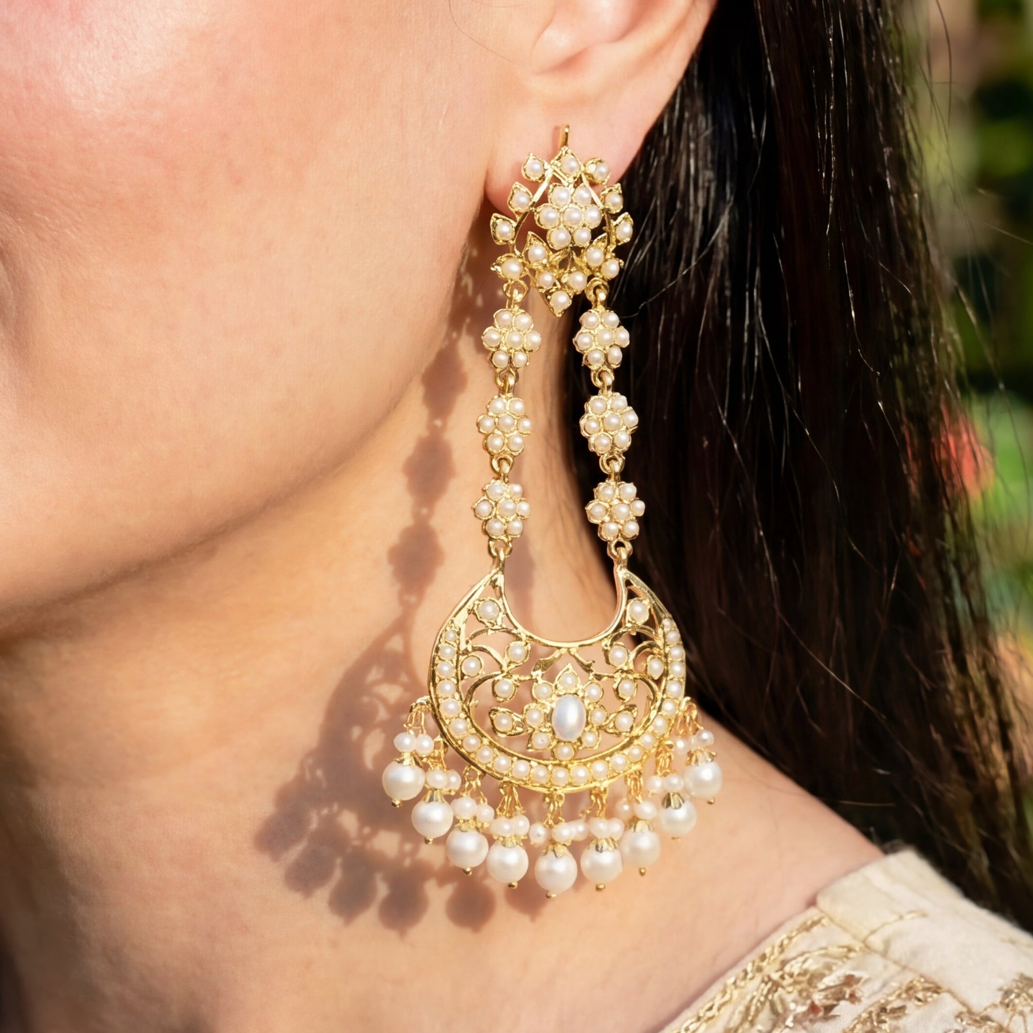 Long Indian Pearl Chandbalis | Freshwater Pearl Hyderabadi Earrings | Gold Plated Silver ER 111