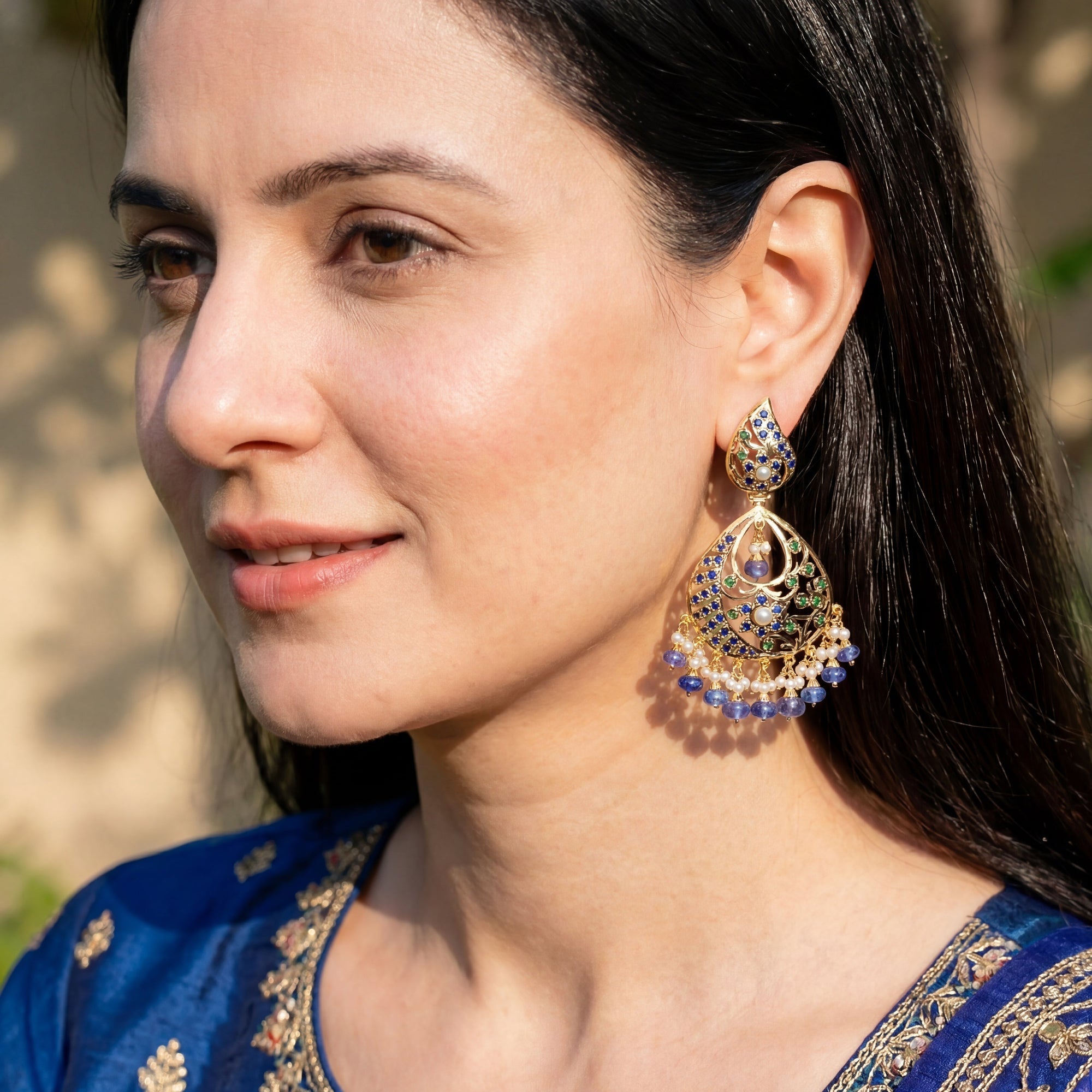 Gold Plated Sapphire-Emerald-Pearl Earrings ER 291