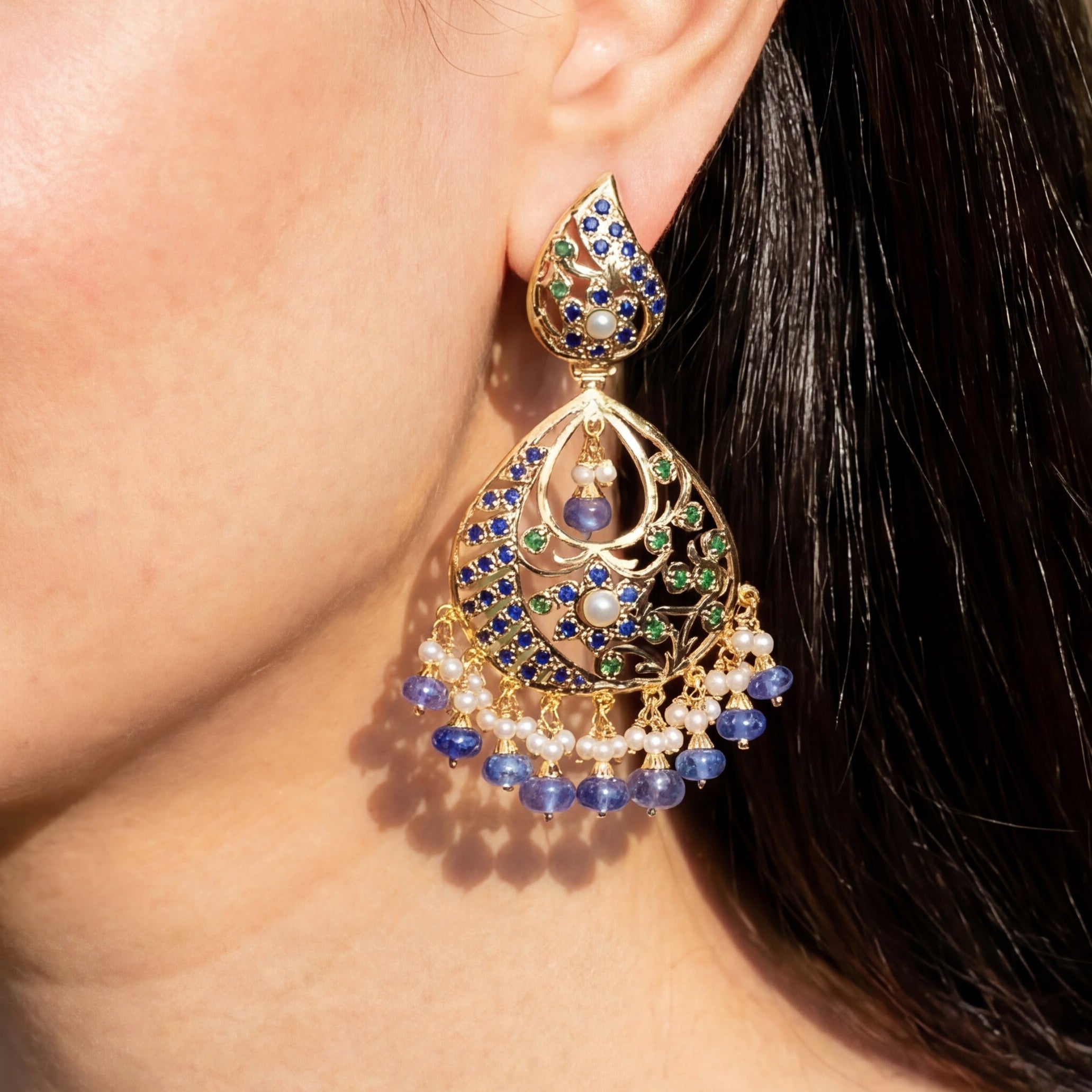 Gold Plated Sapphire-Emerald-Pearl Earrings ER 291