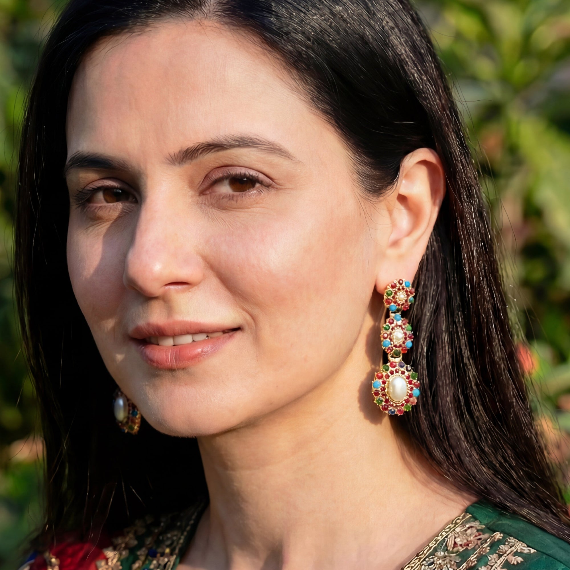 Navaratna Jadau Earrings on Silver | Karachi Style Stone Setting ER 151