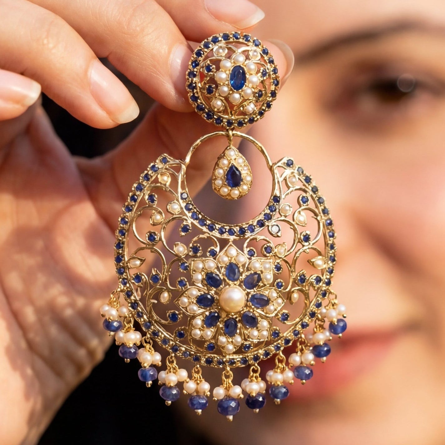 Magnificient Blue Sapphire Chandbalis | Gold Plated ER 557
