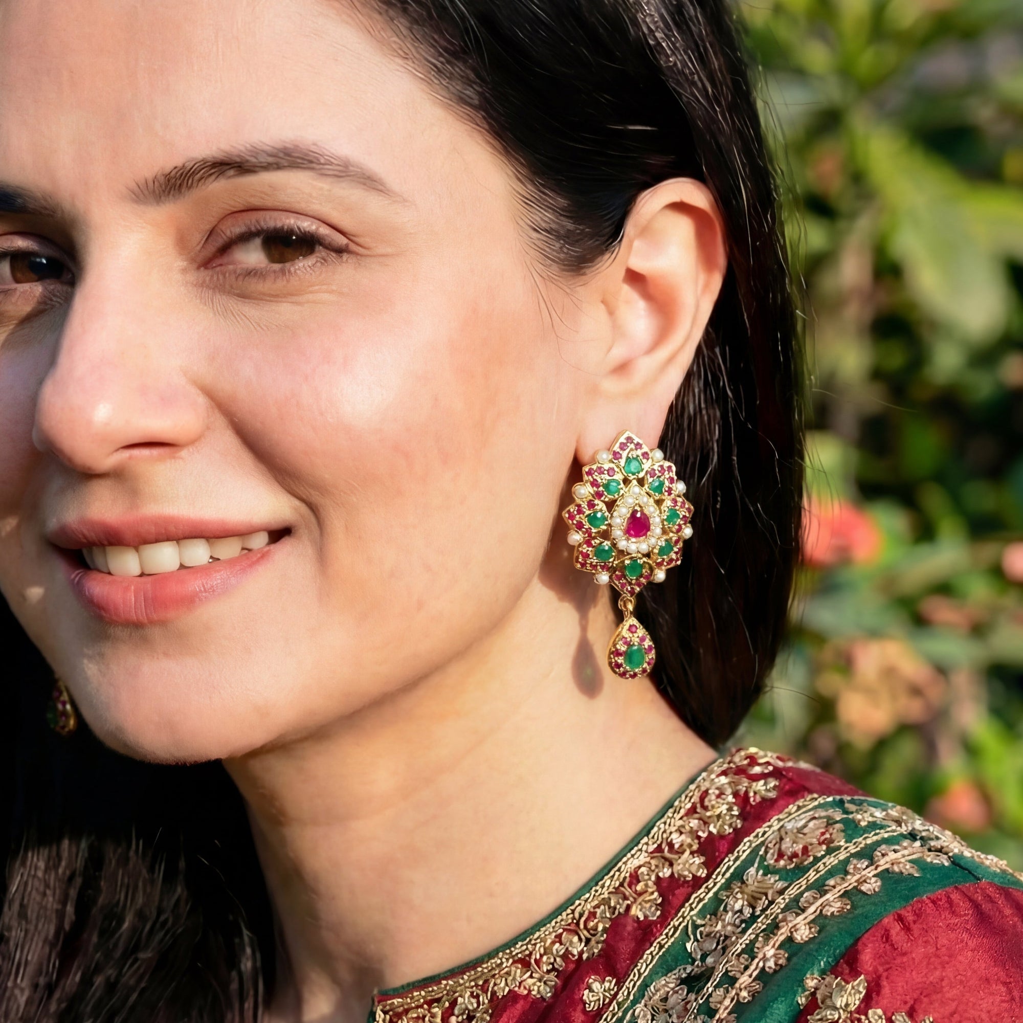 Gold Plated Jadau Stud Earrings | Multicolored Stone Studded ER 079
