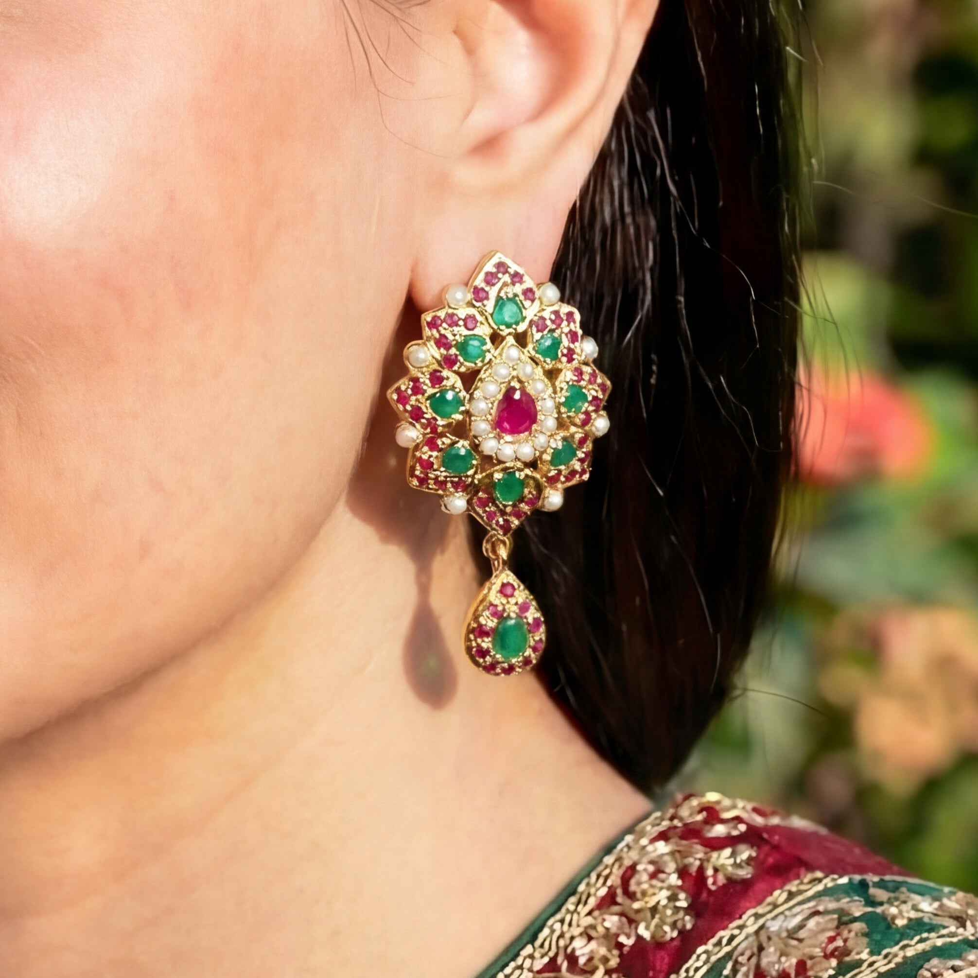 Gold Plated Jadau Stud Earrings | Multicolored Stone Studded ER 079