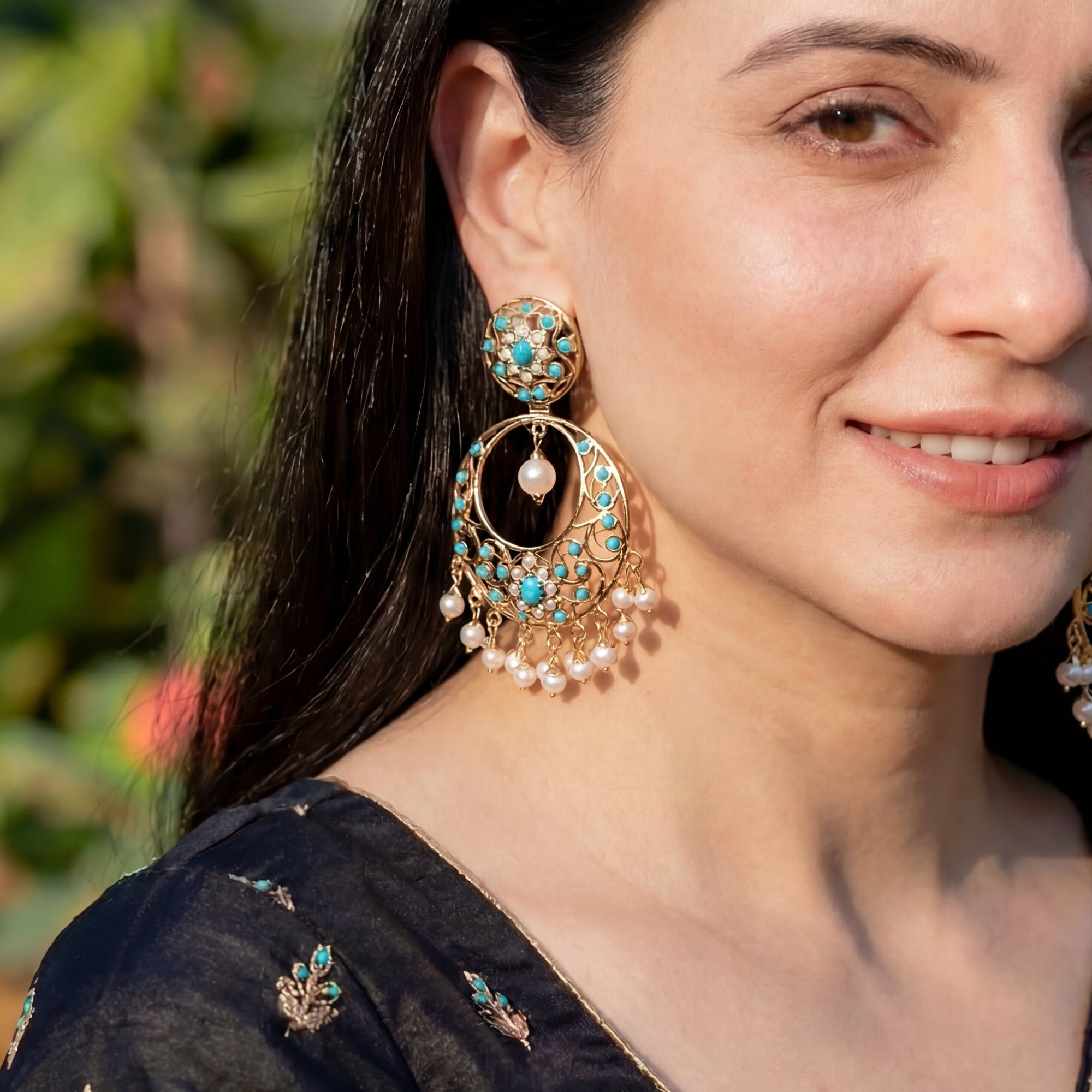 Hyderabadi Turquoise Chandbali Earrings | Sterling Silver Based ER 448