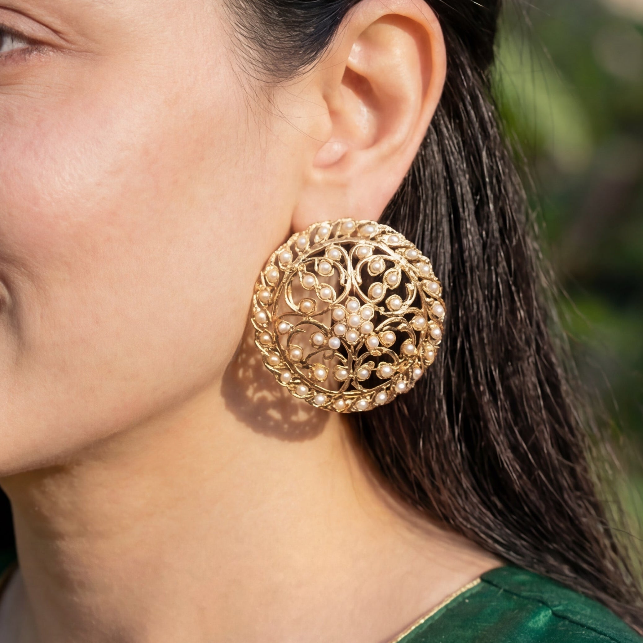 Statement Stud Earrings | Large Round Pearl Stud Earrings | Gold Plated ER 355