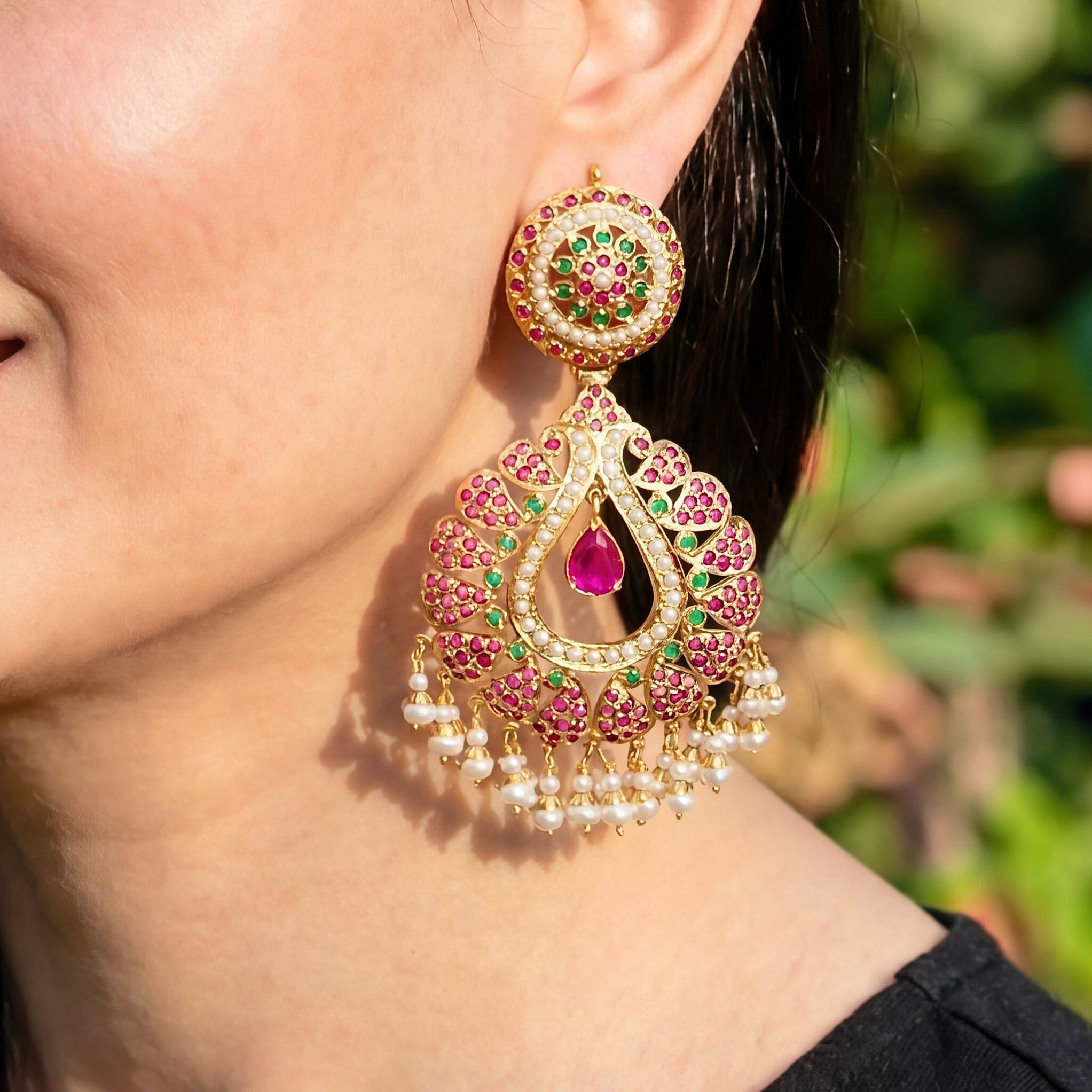 Ruby Emerald Pearl Chandbali | Gold Plated ER 435