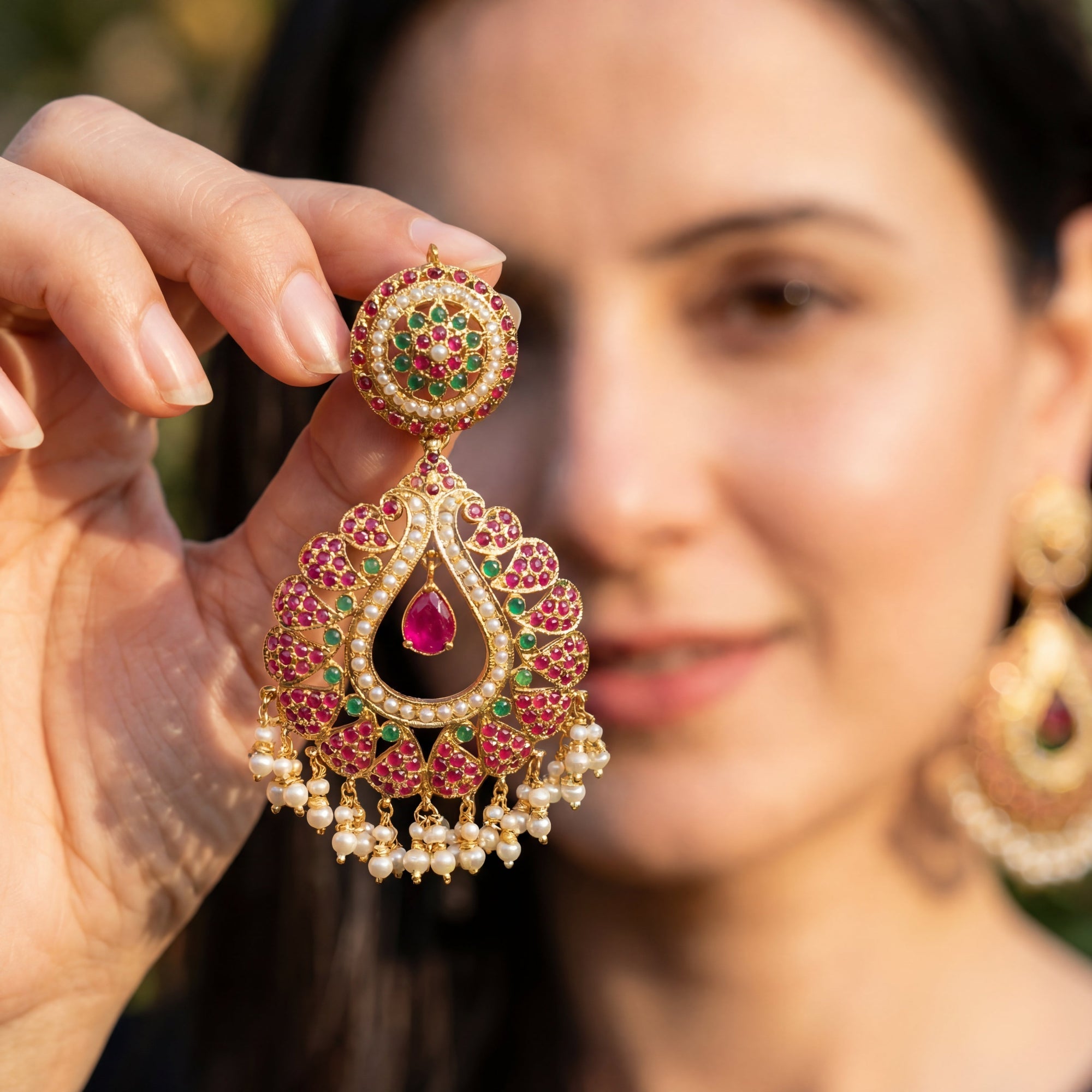 Ruby Emerald Pearl Chandbali | Gold Plated ER 435