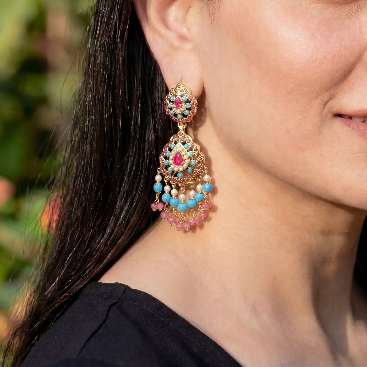 Ruby Turquoise and Pearl Earrings with Gold Plating on Sterling Silver ER 276