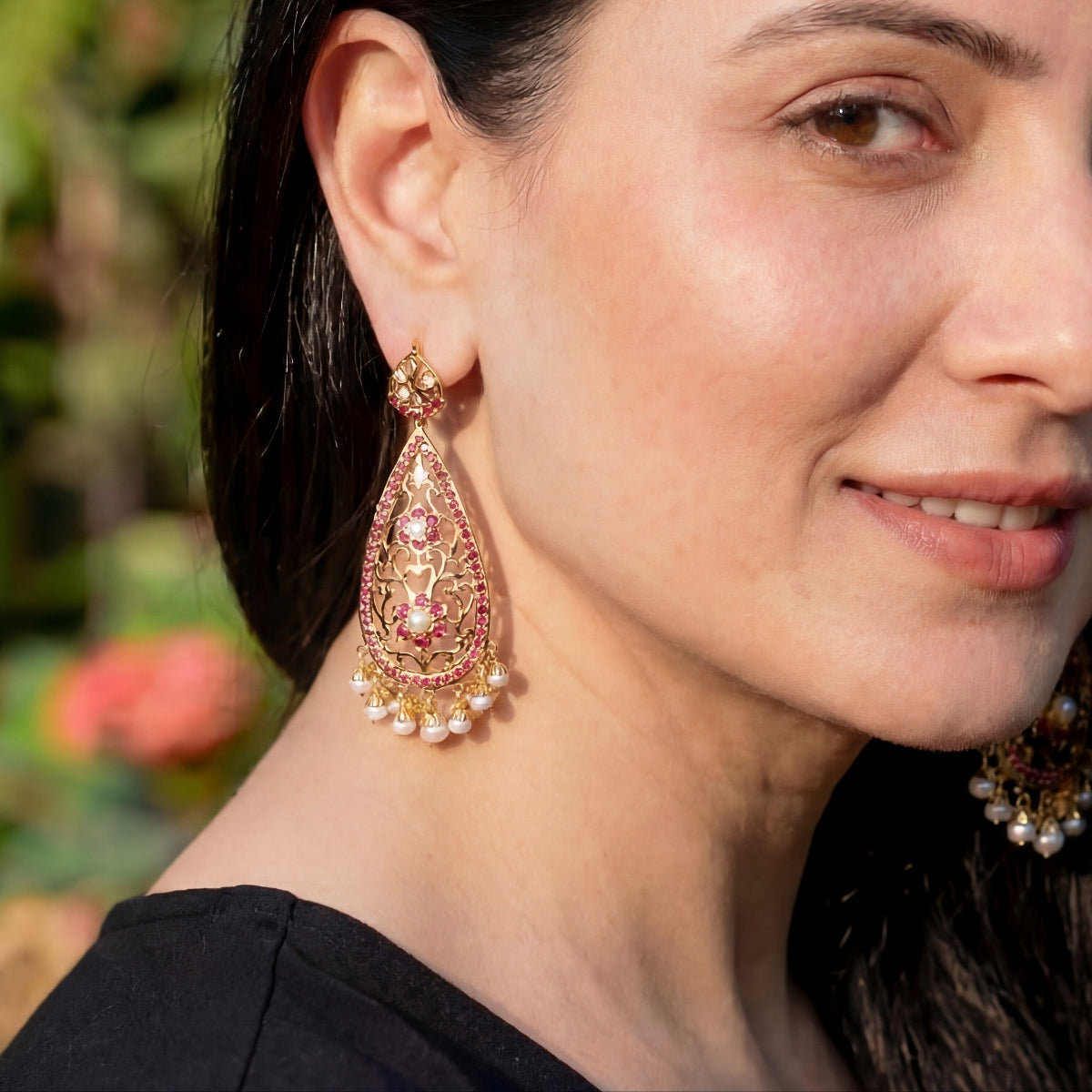 Gold Plated Ruby Pearl Earrings in 925 Silver ER 262