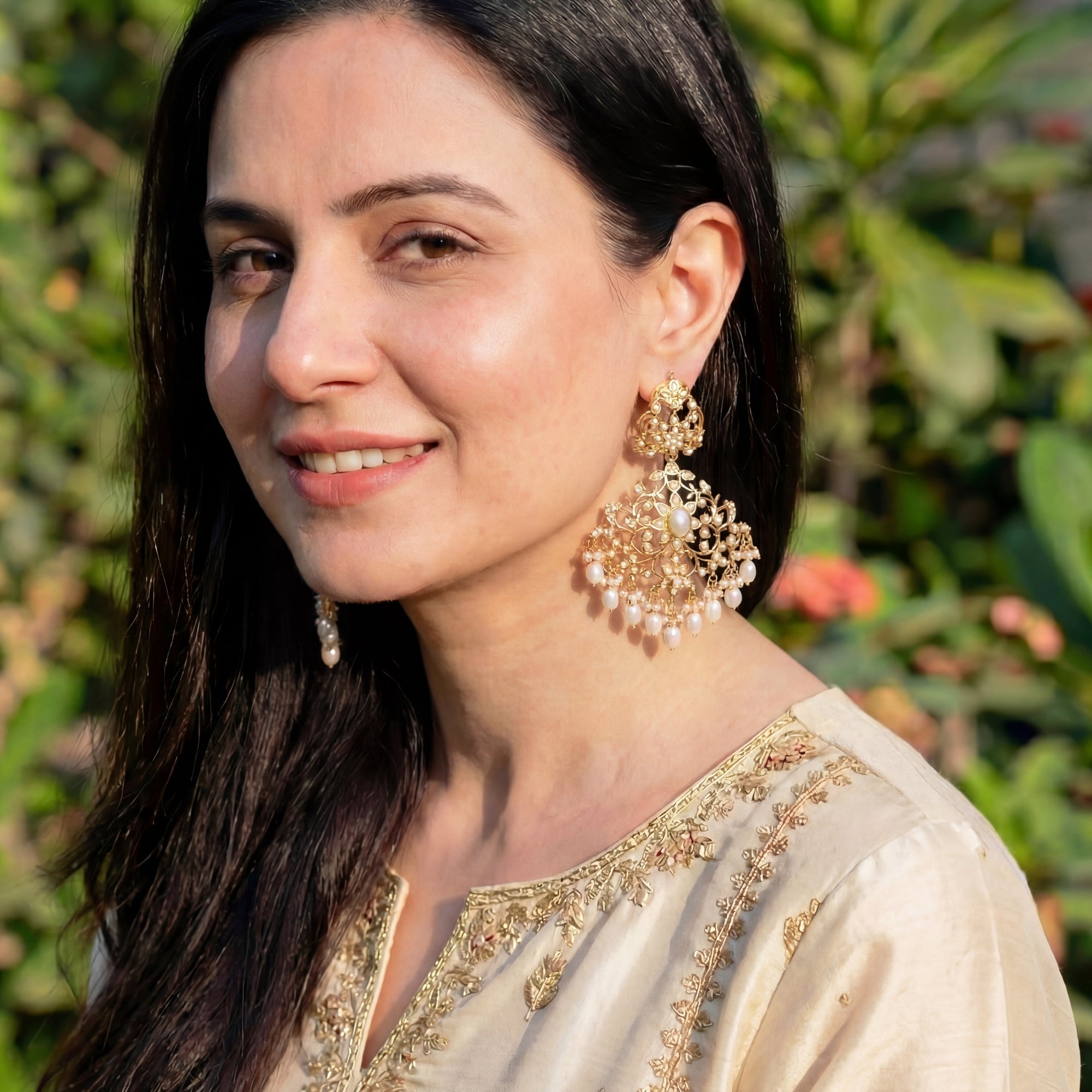Alluring Pearl Earrings | Antique Edwardian Victorian Styled Indian Jewelry | Silver with Gold Plating ER 054
