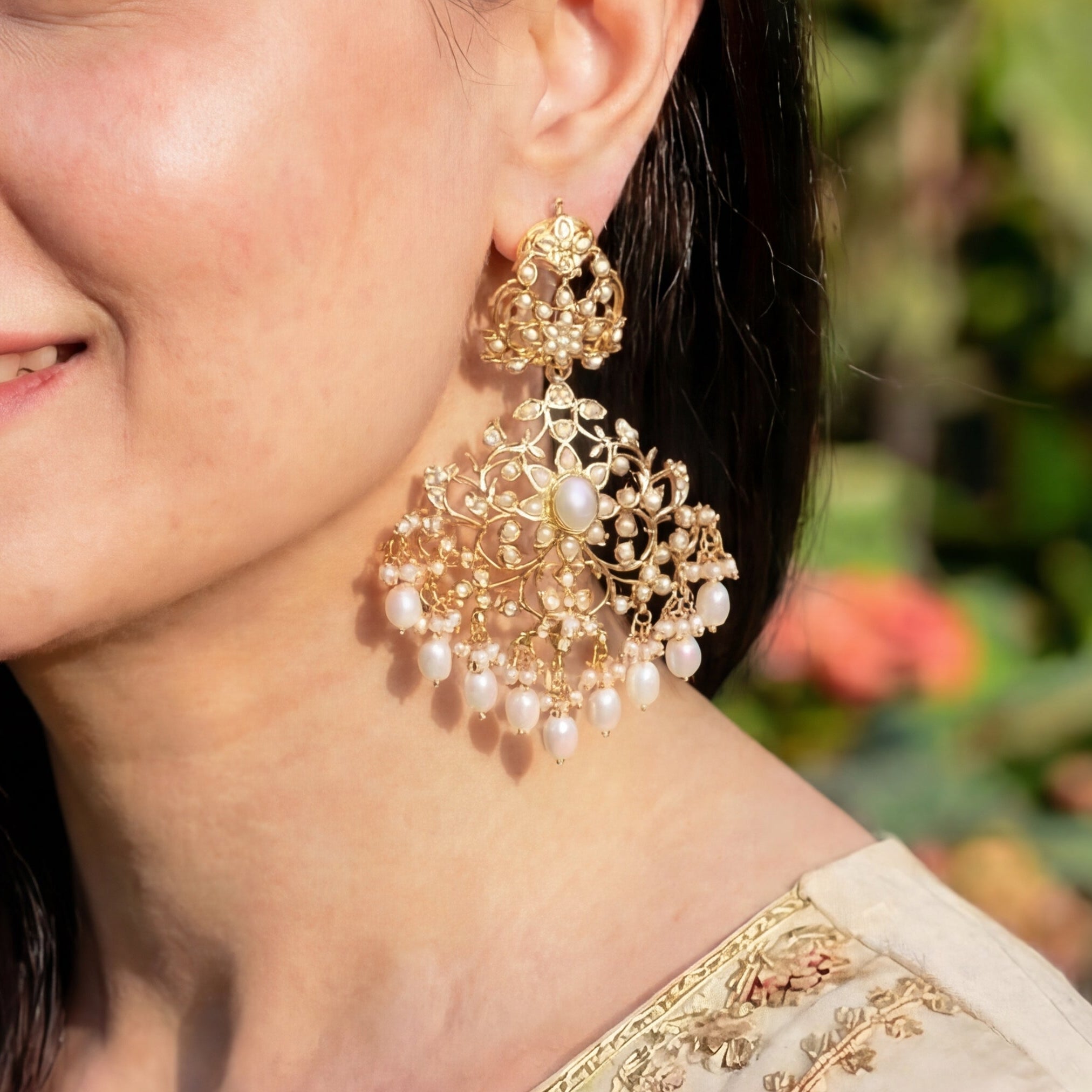 Alluring Pearl Earrings | Antique Edwardian Victorian Styled Indian Jewelry | Silver with Gold Plating ER 054