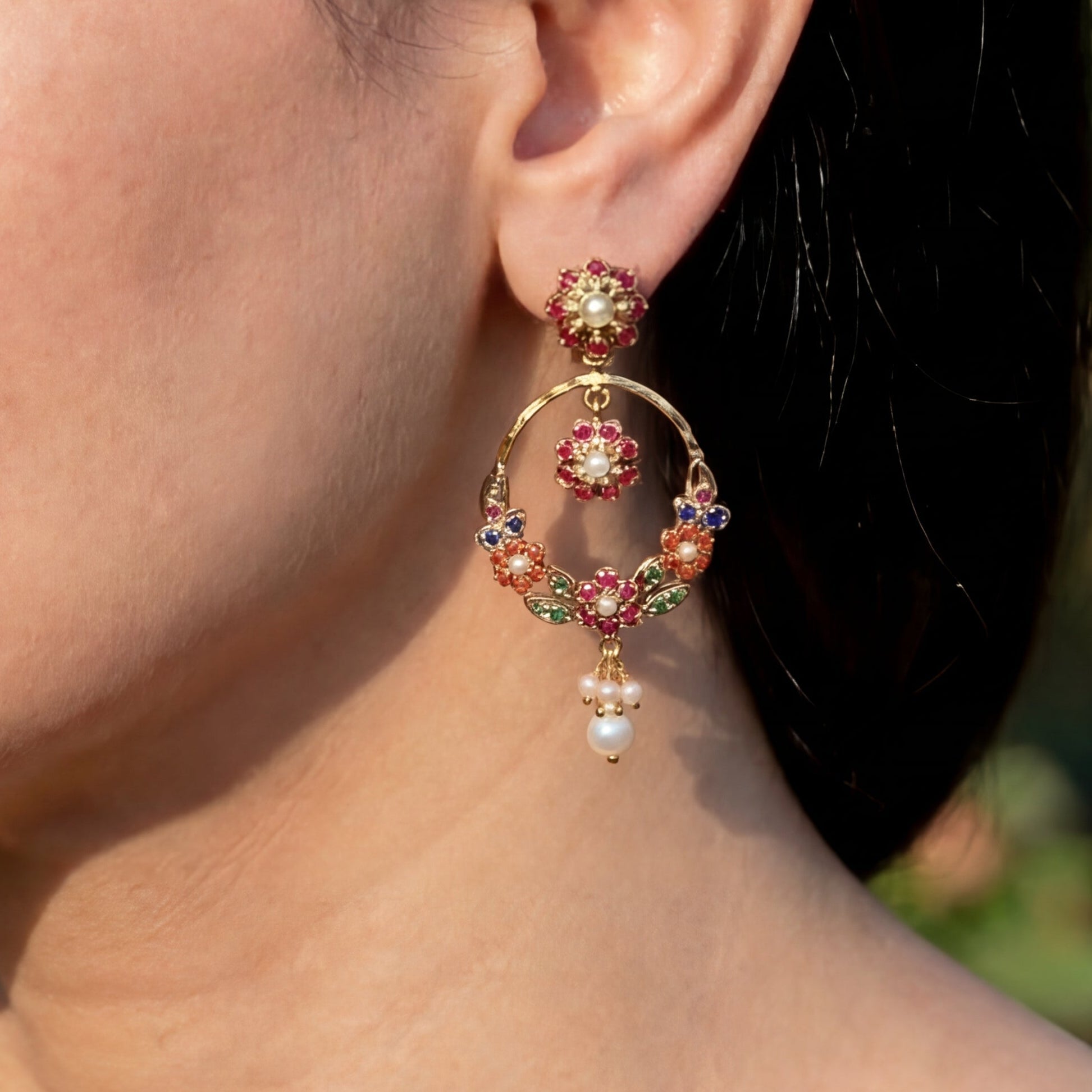 Dainty Navaratna Chandbalis on Sterling Silver | Small Light Weight Indian Earrings For Women ER 278