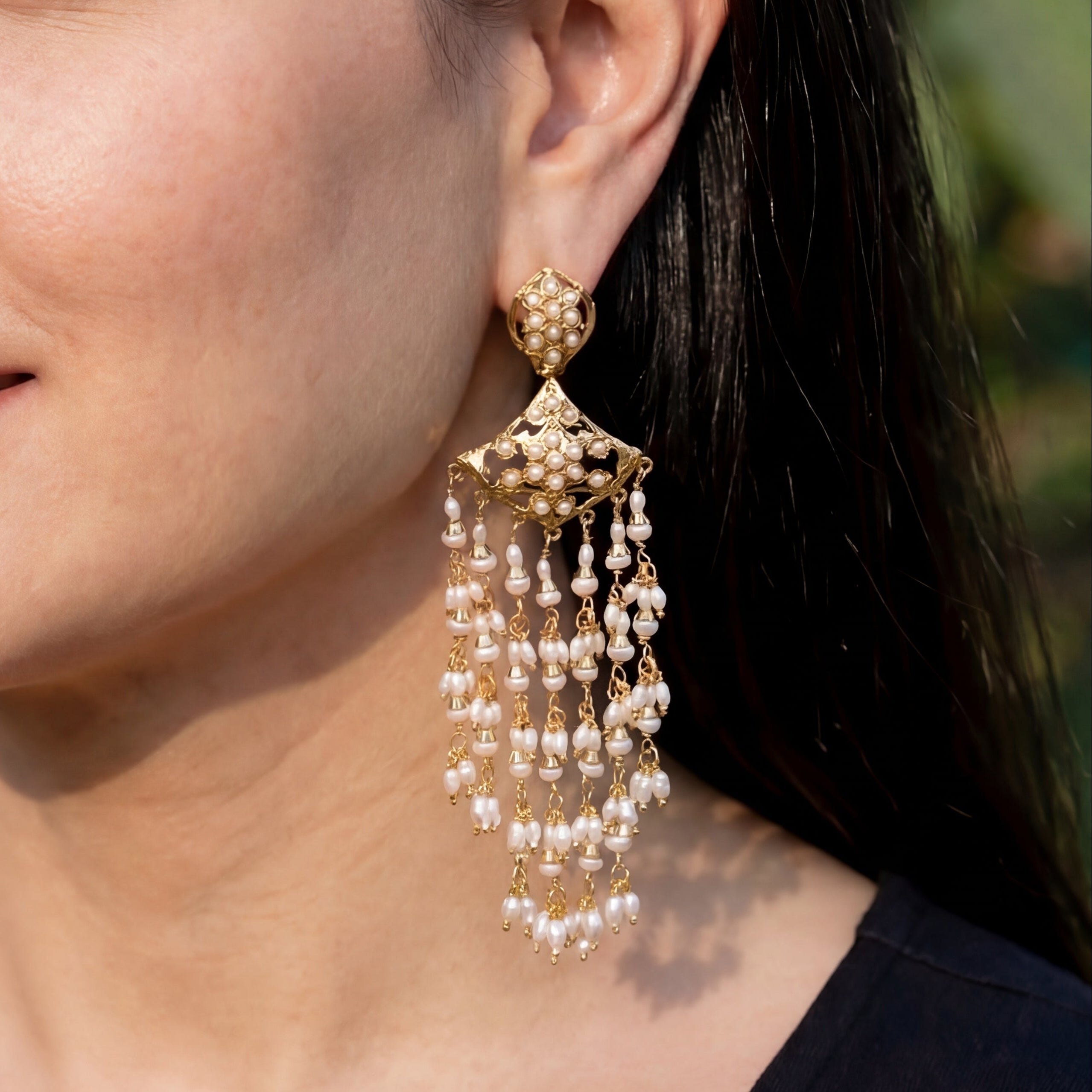 Long Dangling Silver Earrings | Handcrafted Jadau Earrings | Indian Pearl Jewellery | ER 469