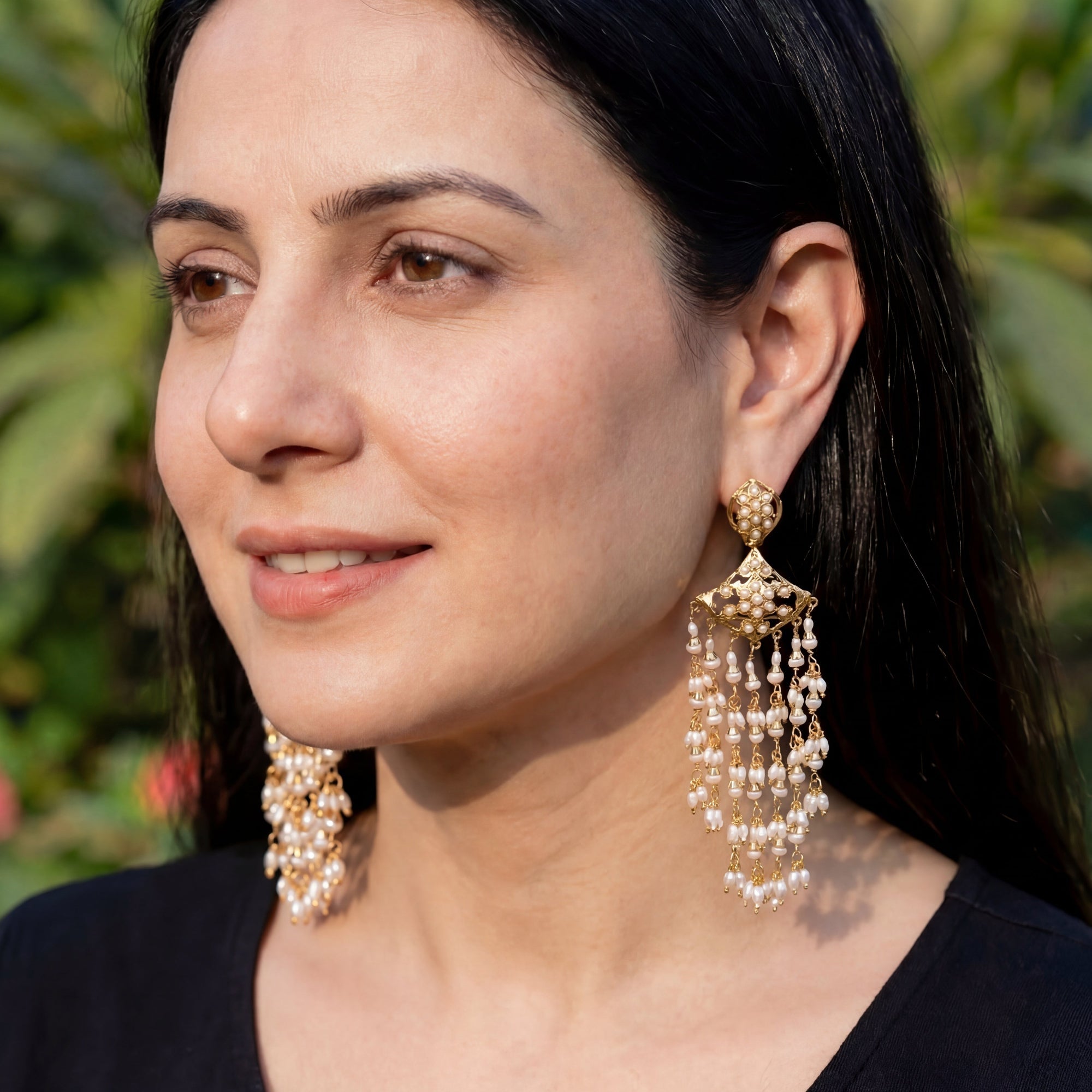 Long Dangling Silver Earrings | Handcrafted Jadau Earrings | Indian Pearl Jewellery | ER 469