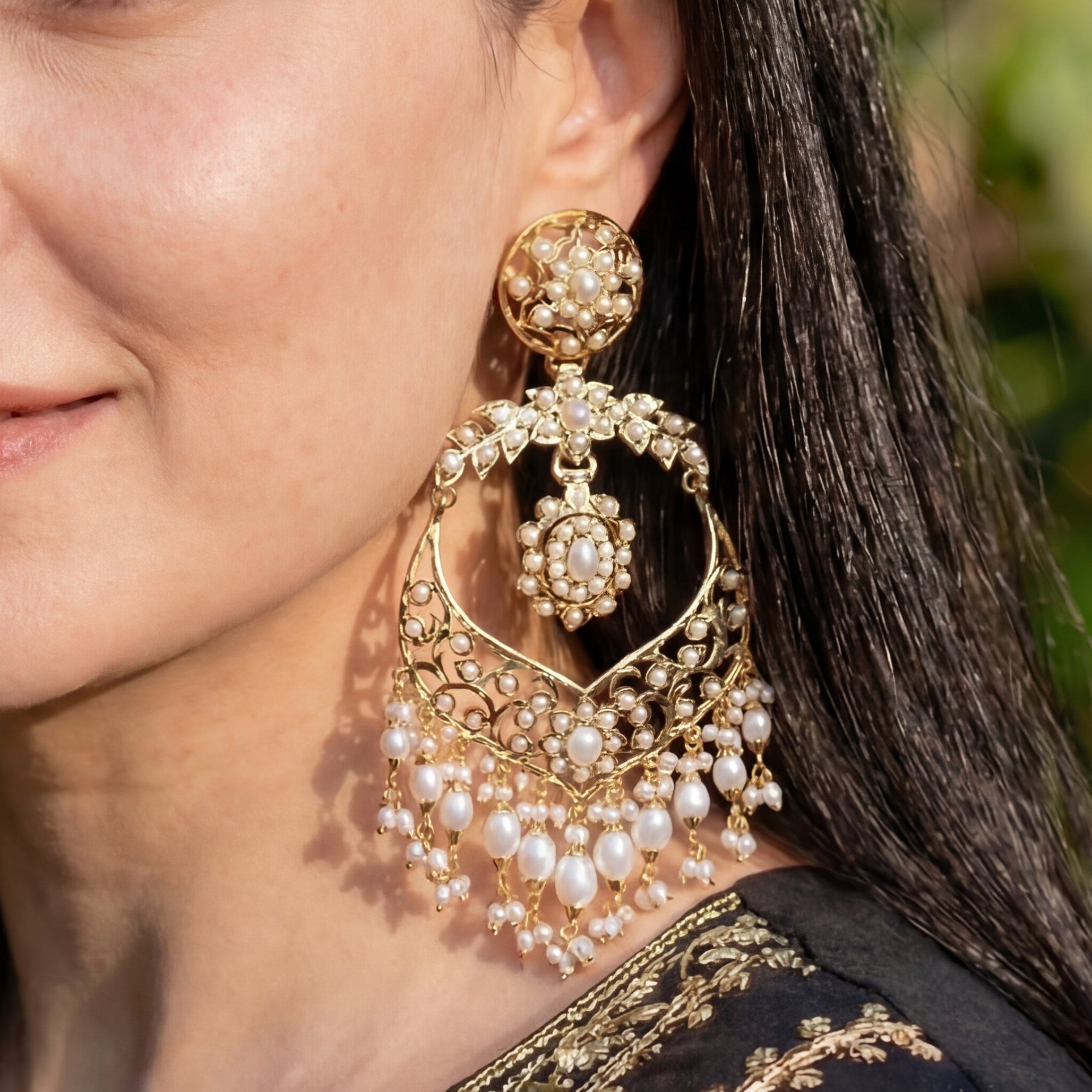 Statement Pearl Chandbali Earrings | Fashion Pearl Dangle Drop Earrings | Gold Plated ER 443