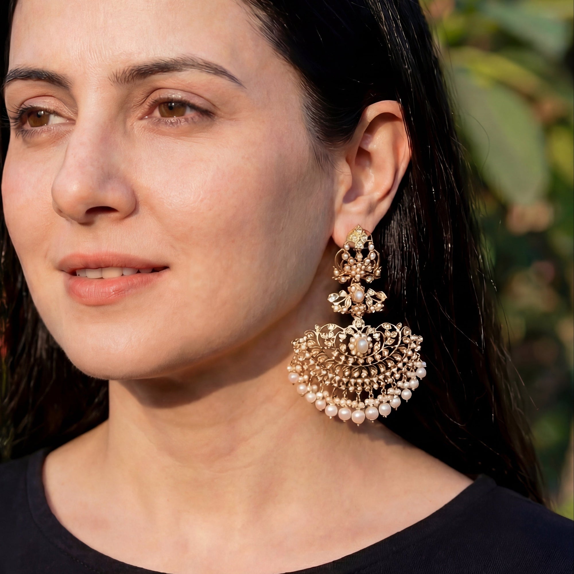 Statement Pearl Danglers | Long Antique Styled Indian Gold Plated Earrings ER 306