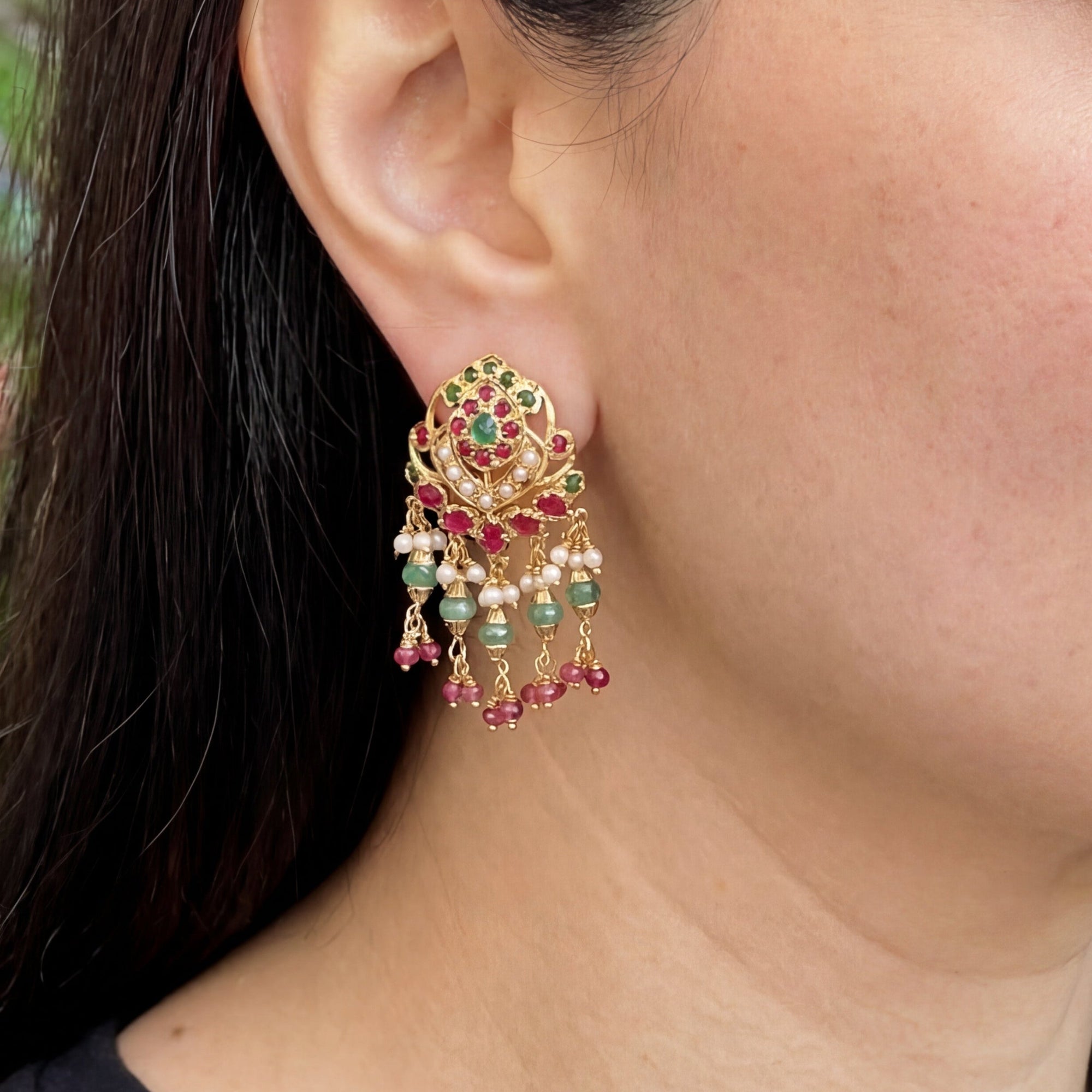 Jadau Tops on Silver | Ruby Emerald Pearl Earrings | For Women ER 371