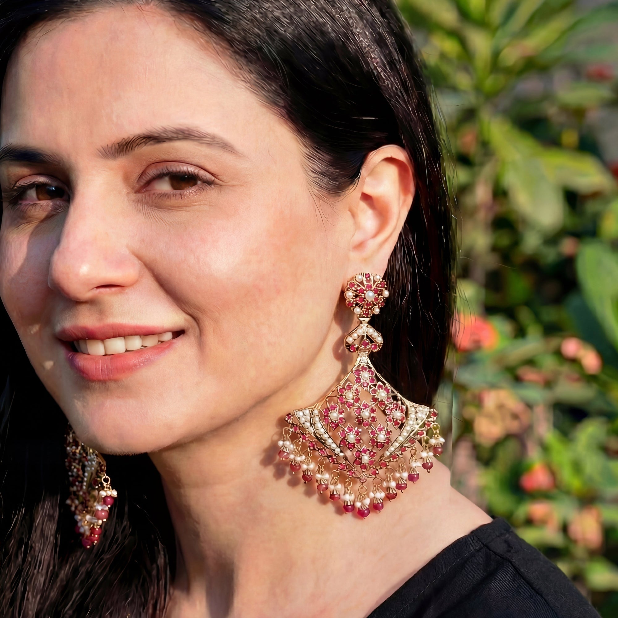 Statement Indian Silver Earrings | Fashion Jewelry in Ruby Red & Pearl Combination | ER 426