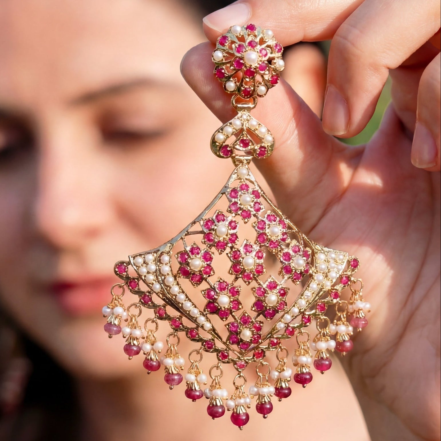 Statement Indian Silver Earrings | Fashion Jewelry in Ruby Red & Pearl Combination | ER 426