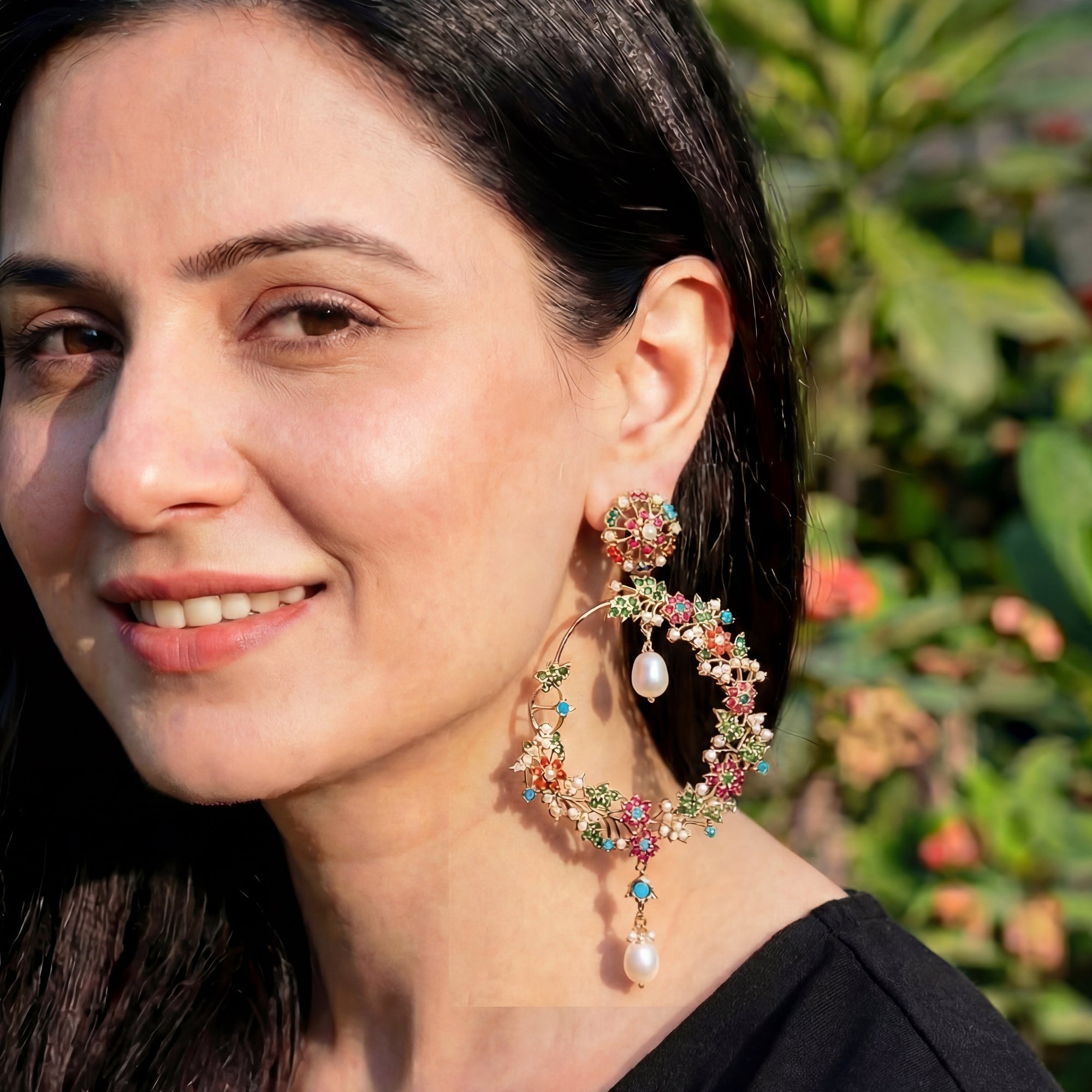 Large Navratan Fashion Earrings on Silver | Statement Bengali Chandbali in Antique Design | ER 427