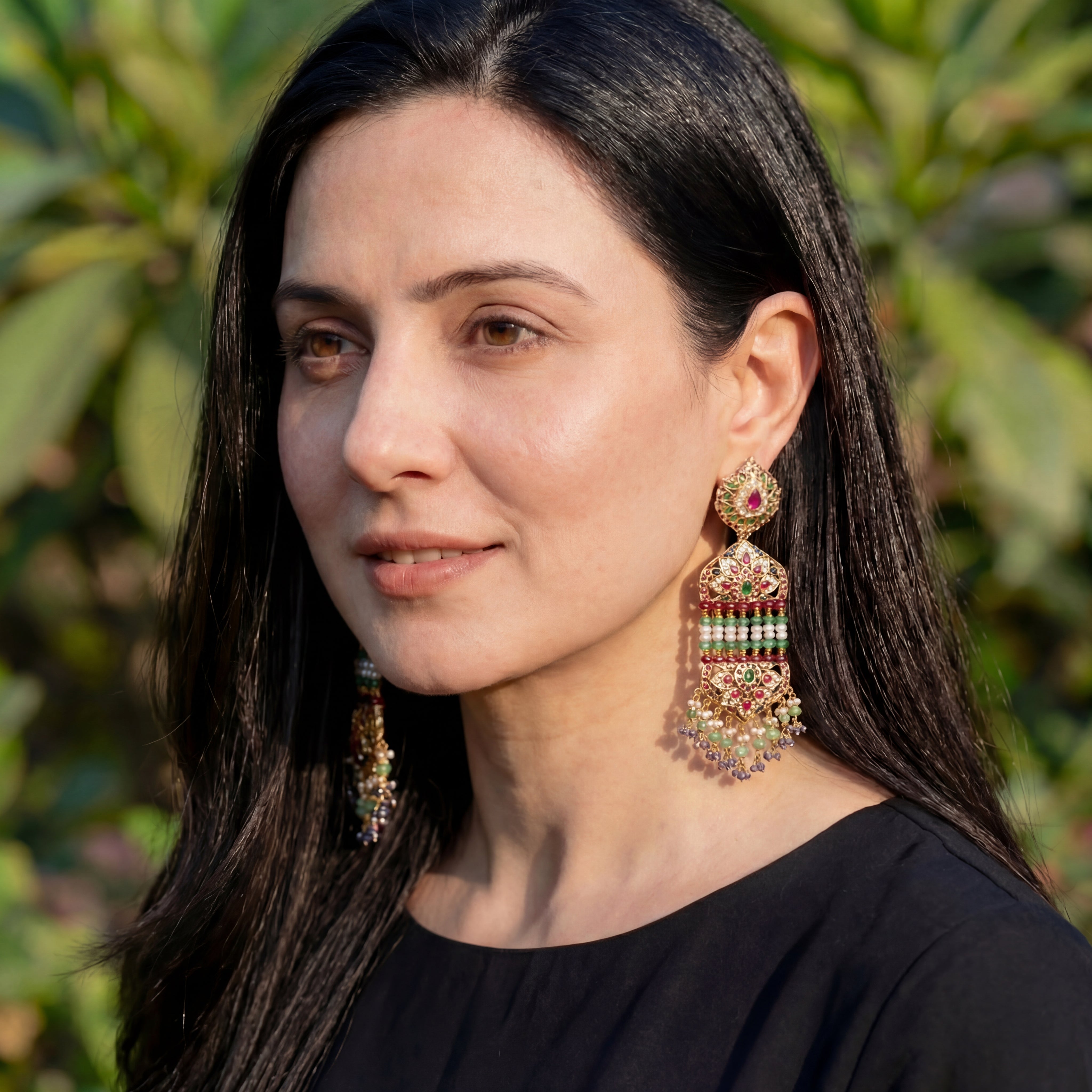Multicolored Jadau Jhoomer Earrings in Gold Plated Silver ER 077