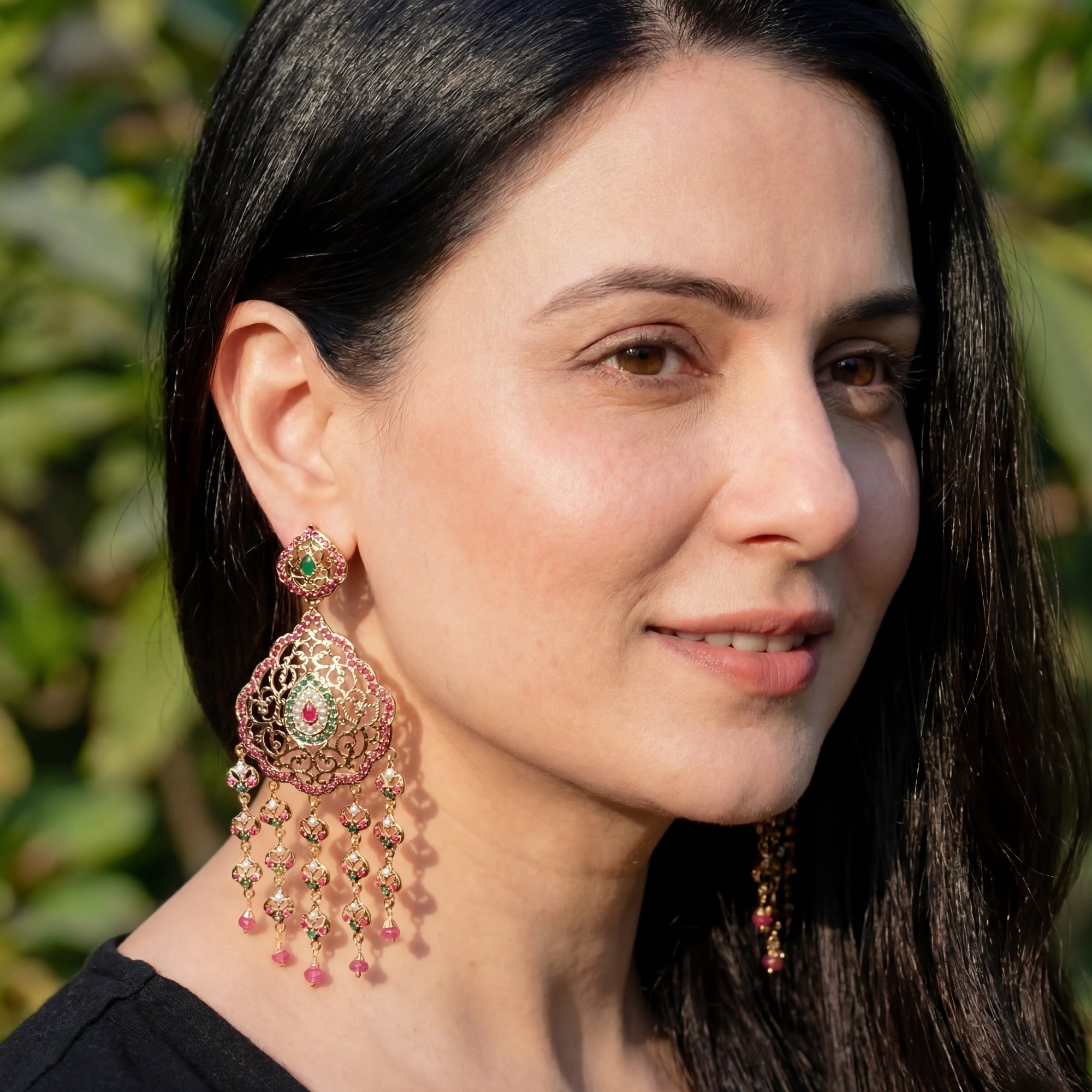 Statement Dangler Earrings | Gold Plated on Silver with Red Green Stones & Pearls | ER 602