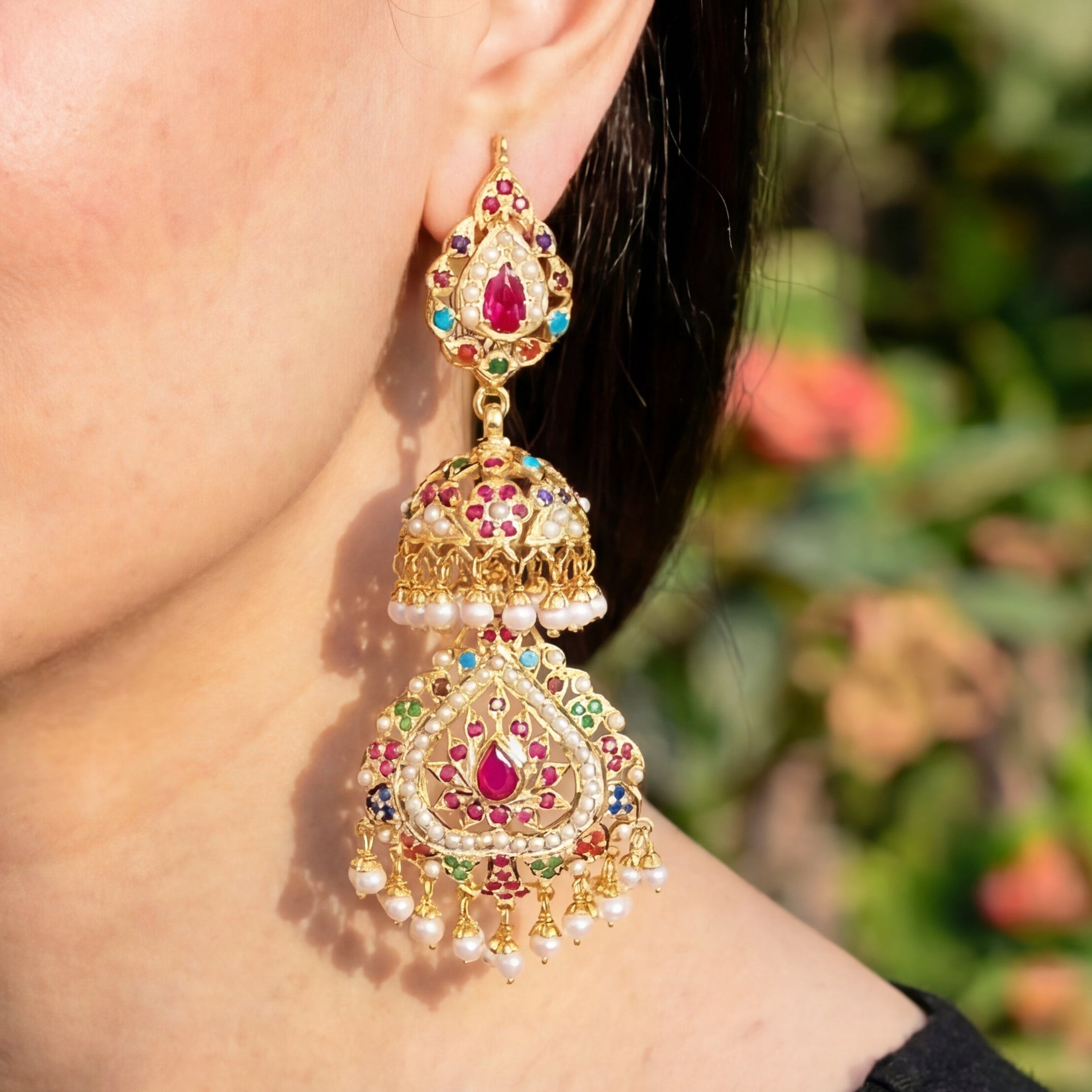 Long Navaratna Jadau Jhumka | Exquisite Indian Silver Earrings ER 031