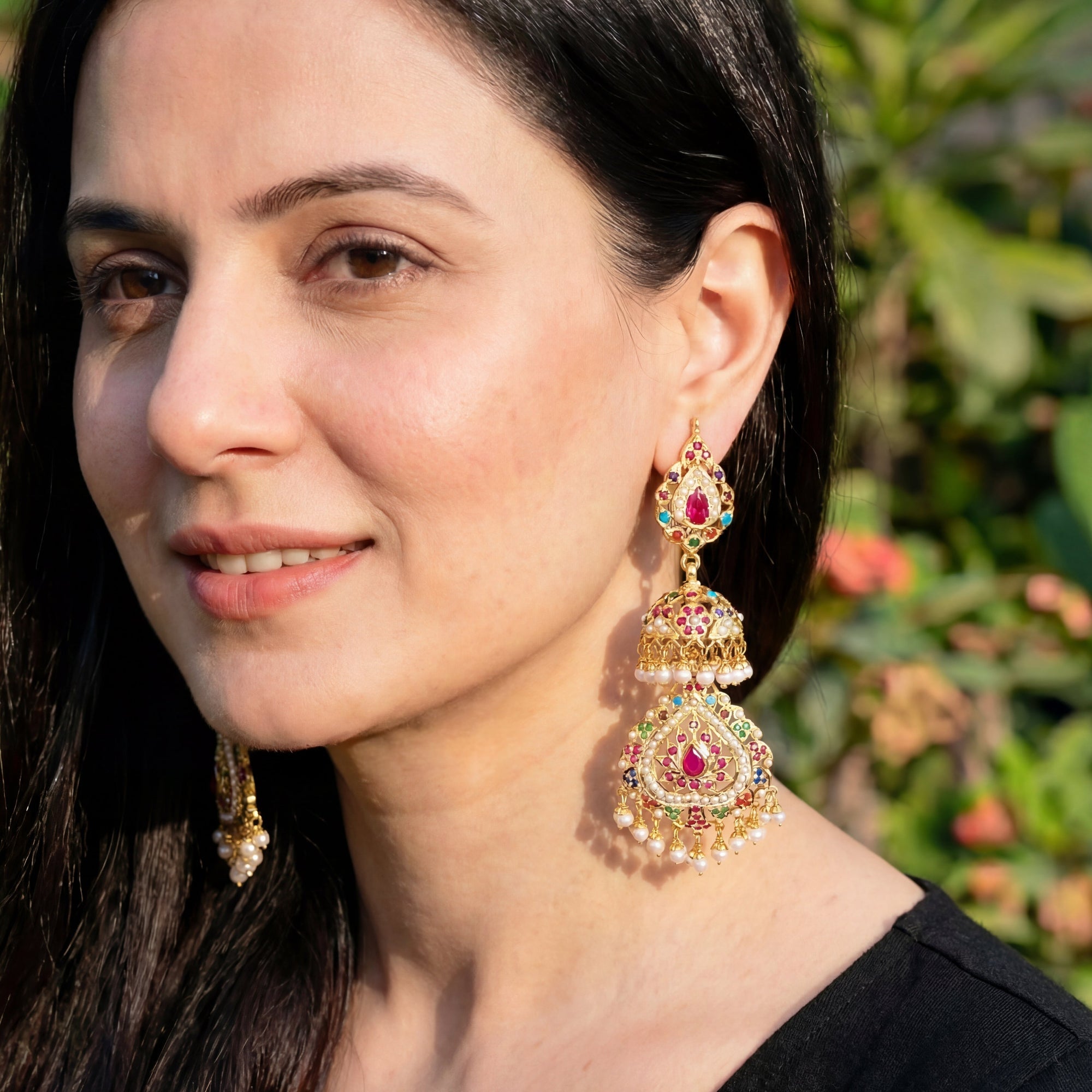 Long Navaratna Jadau Jhumka | Exquisite Indian Silver Earrings ER 031