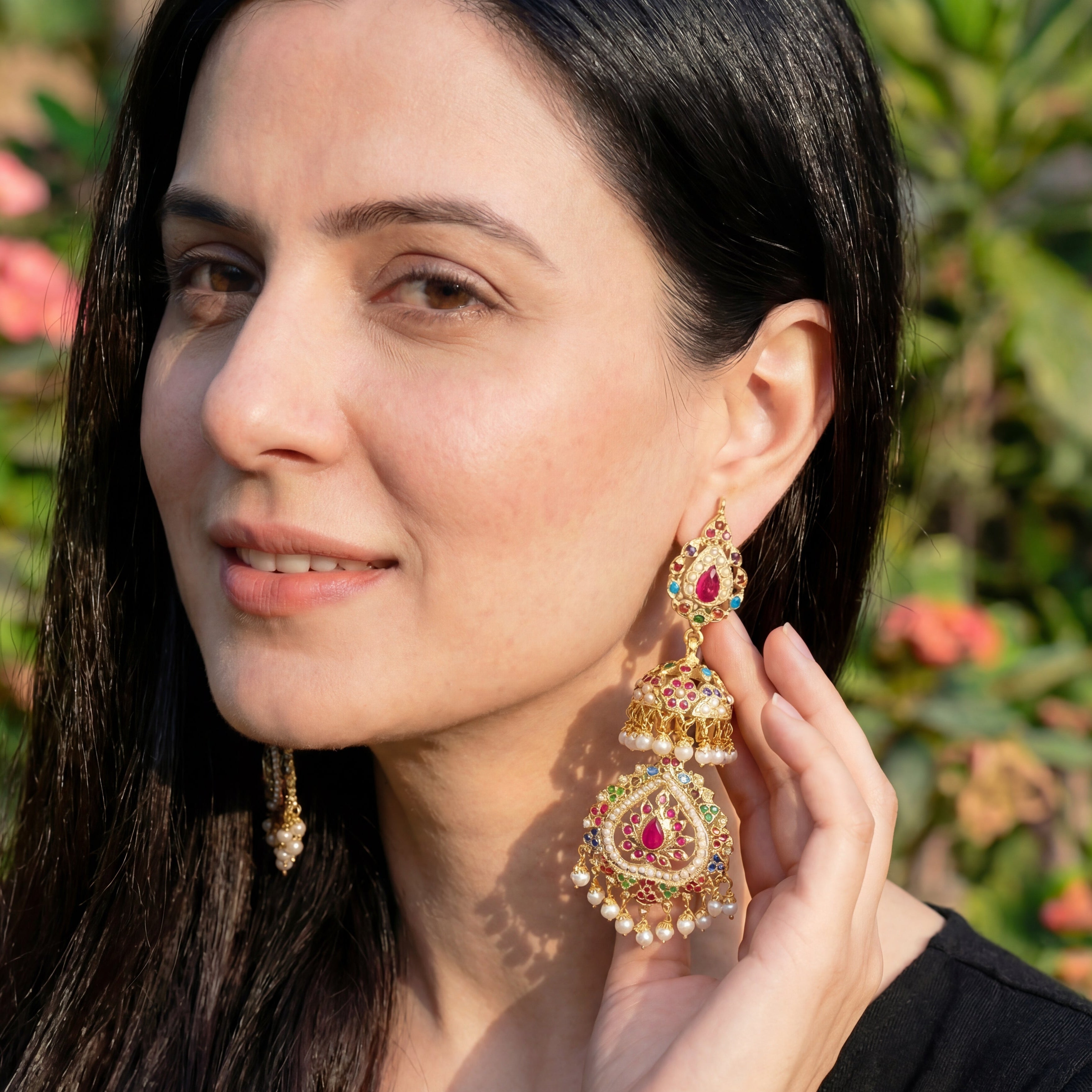 Long Navaratna Jadau Jhumka | Exquisite Indian Silver Earrings ER 031